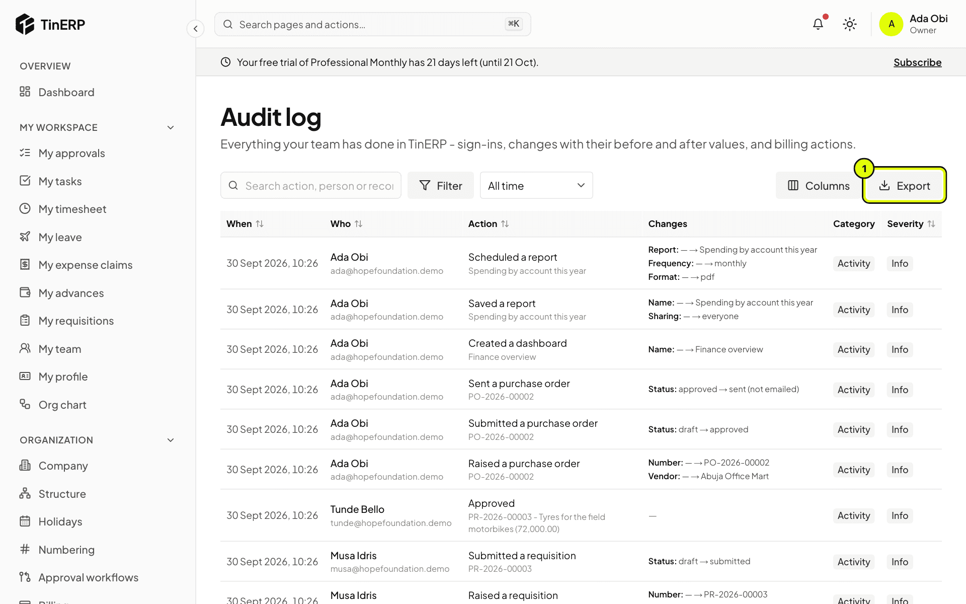 The Audit log with recent activity, the changes column and Export marked 1