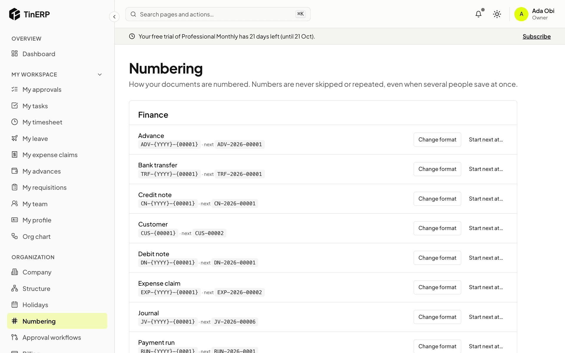 The Numbering page with each document's format, its next number, Change format and Start next at