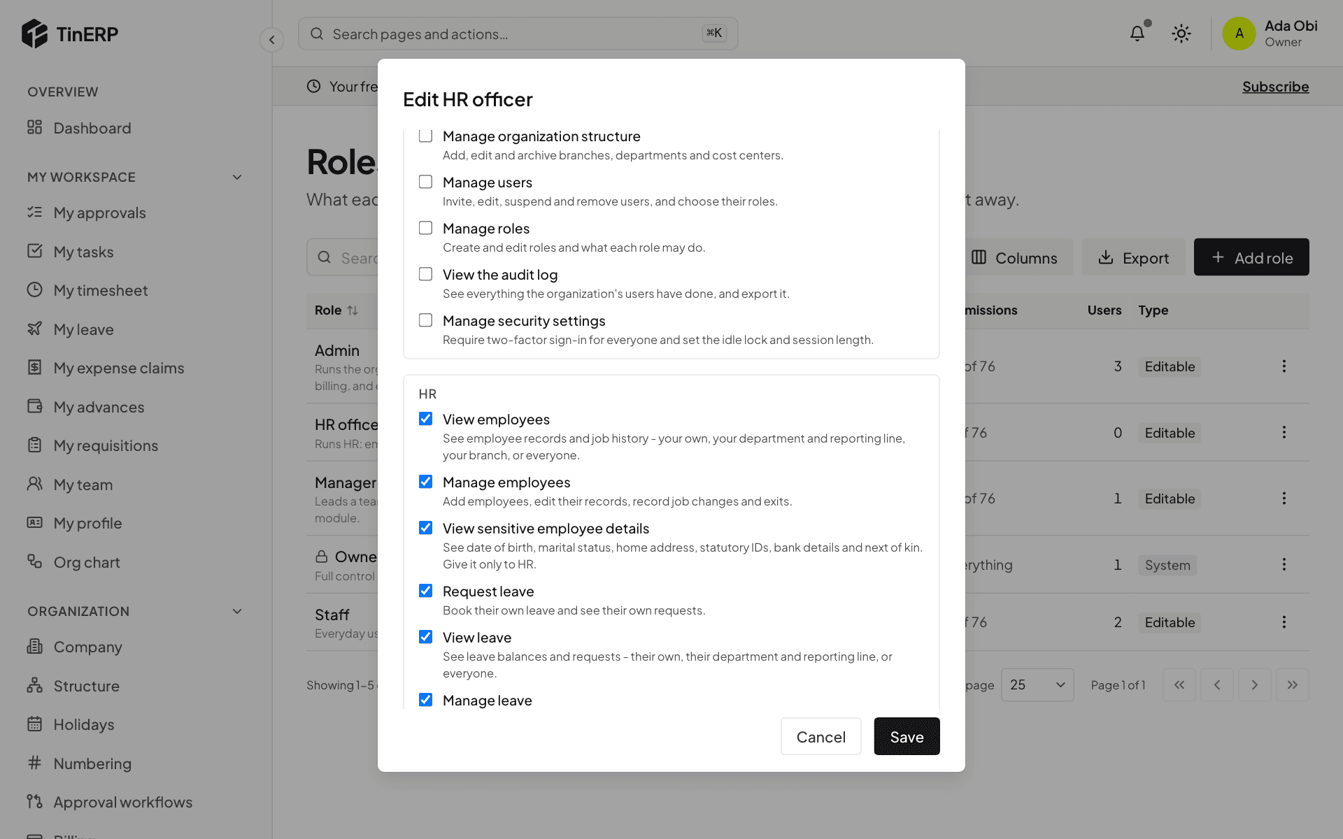 Editing the HR officer role: the HR permissions ticked