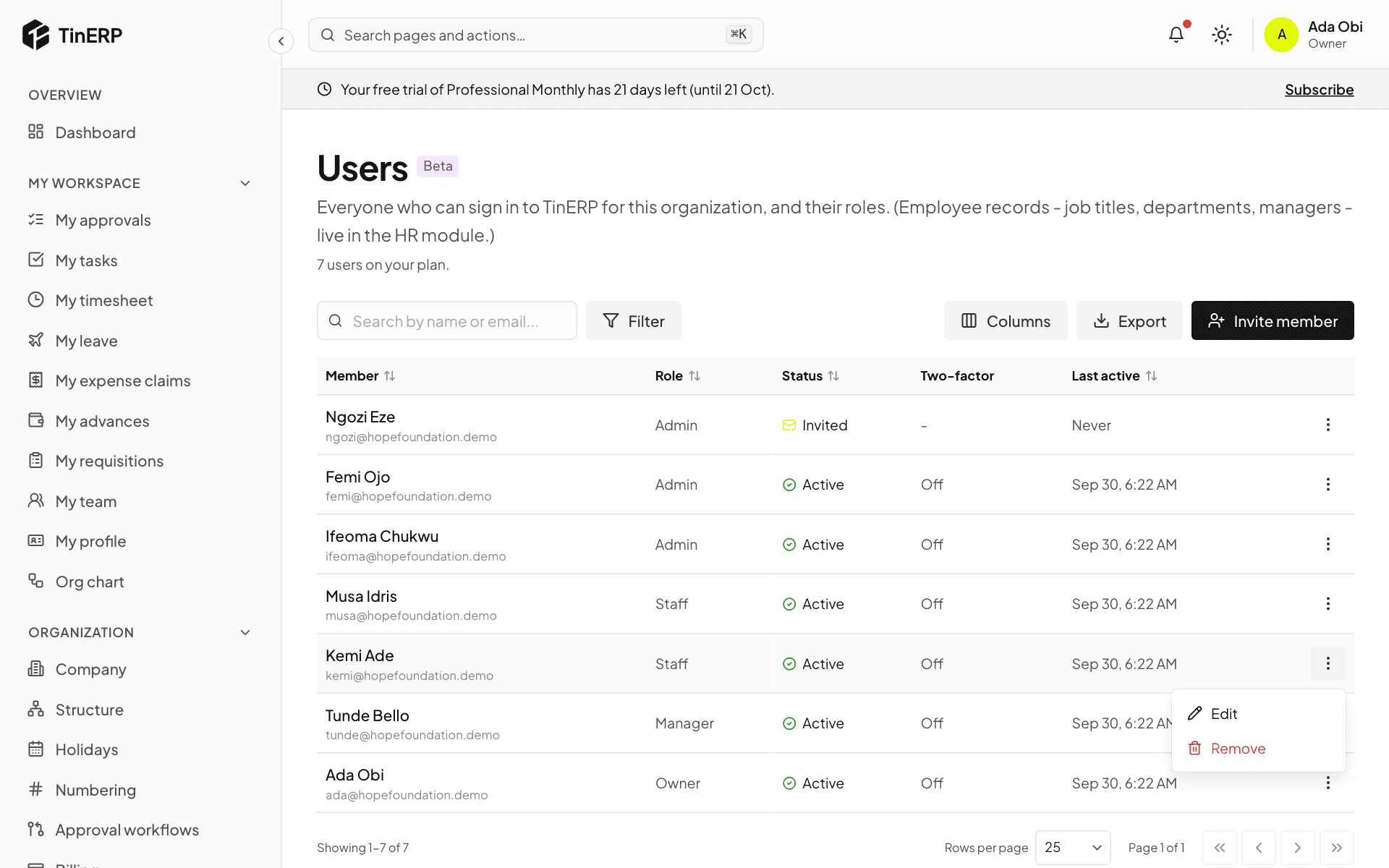 The Users page with the menu open on Kemi's row, showing Edit and Remove