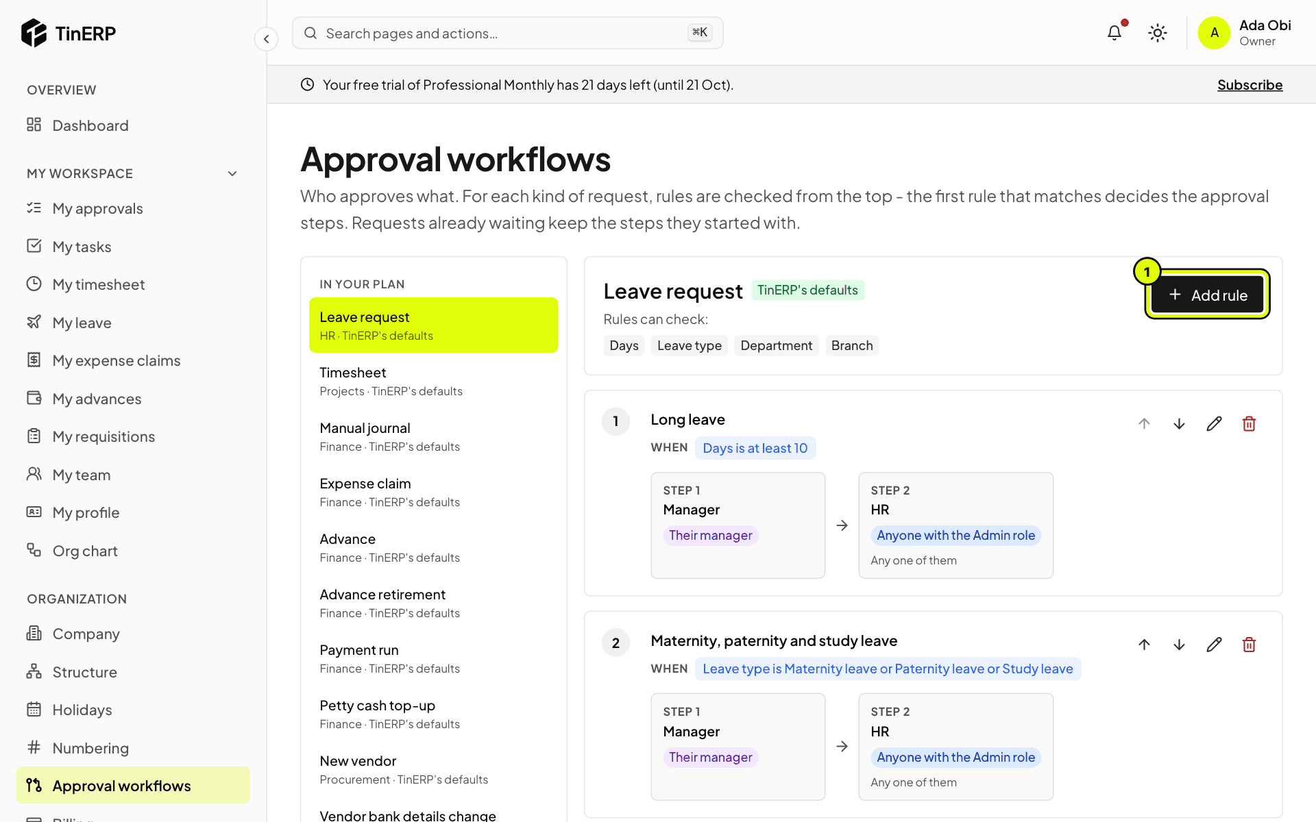 Approval workflows for leave requests: the Long leave and Maternity, paternity and study leave rules, with Add rule marked 1