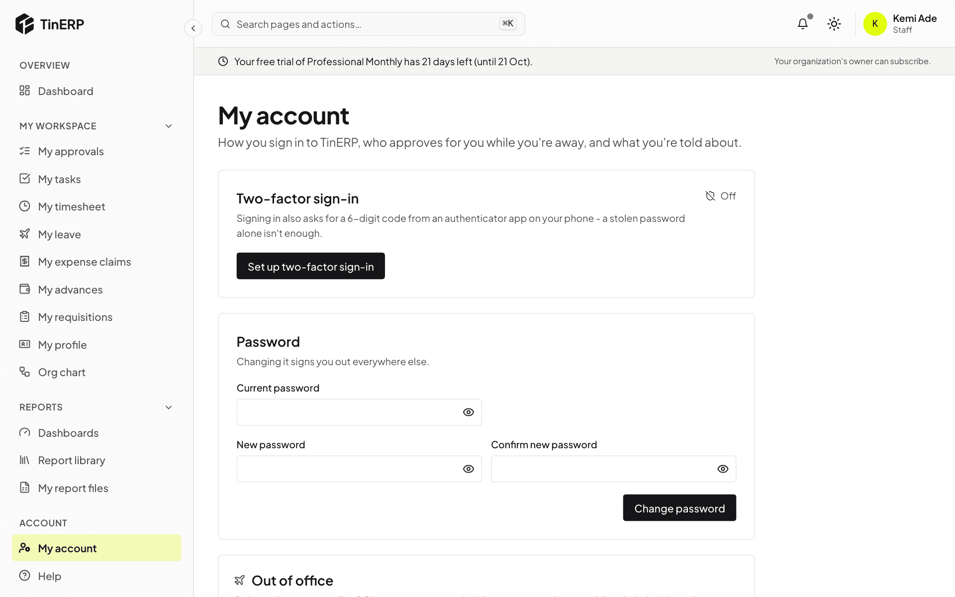 My account with two-factor sign-in, password and out of office