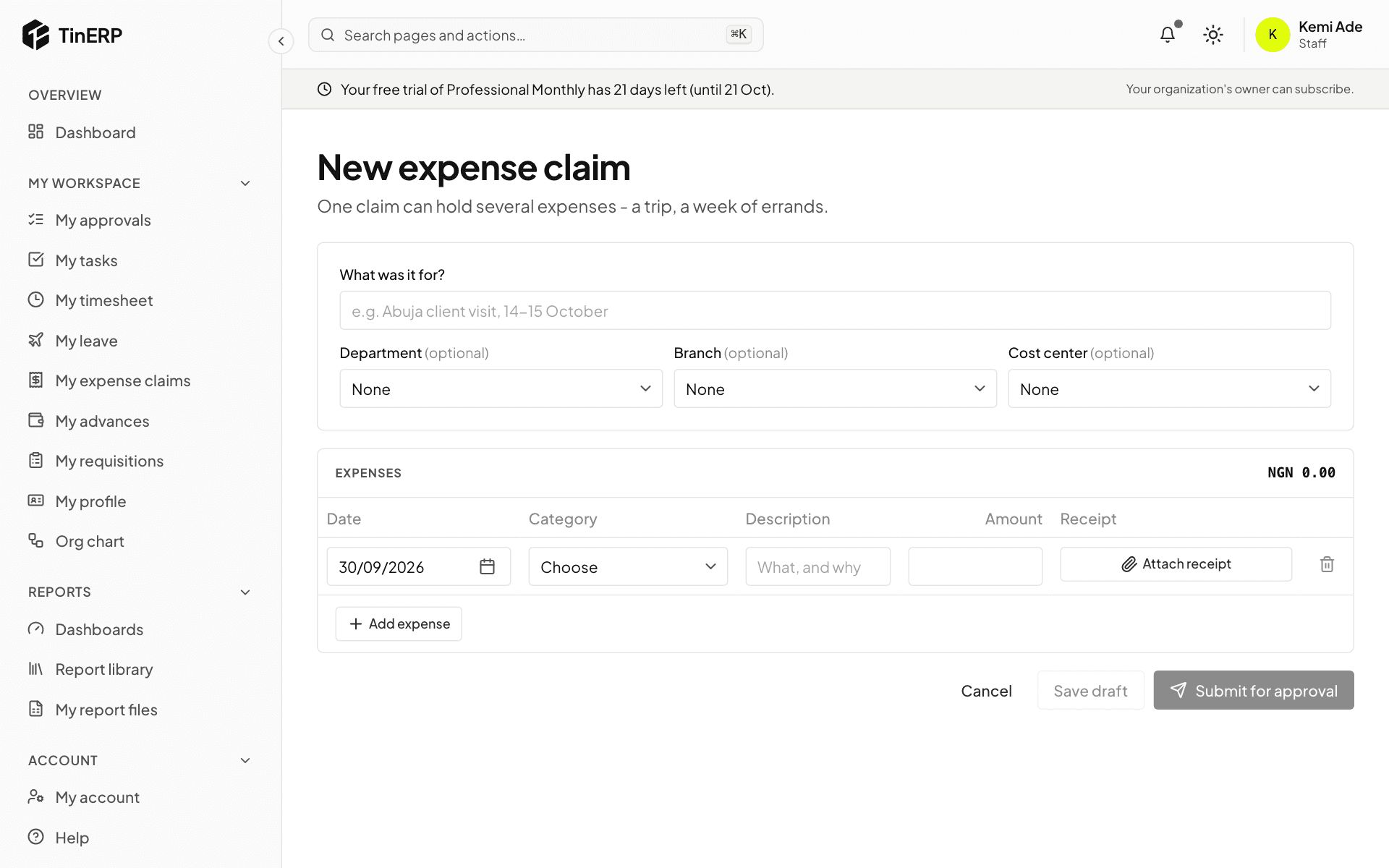 The New expense claim form with the expenses table and Attach receipt