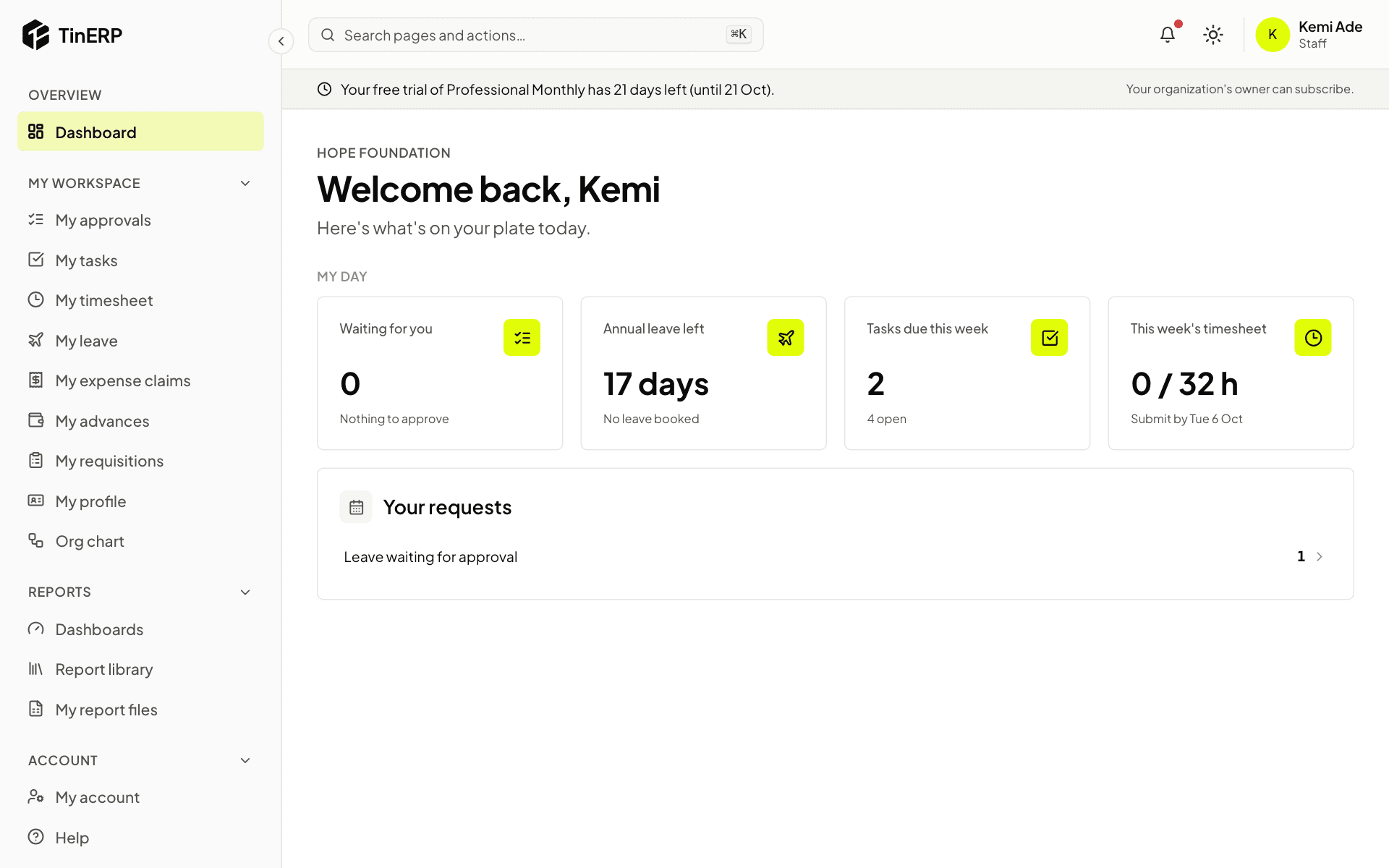 Kemi's dashboard: waiting for you, annual leave left, tasks due and this week's timesheet