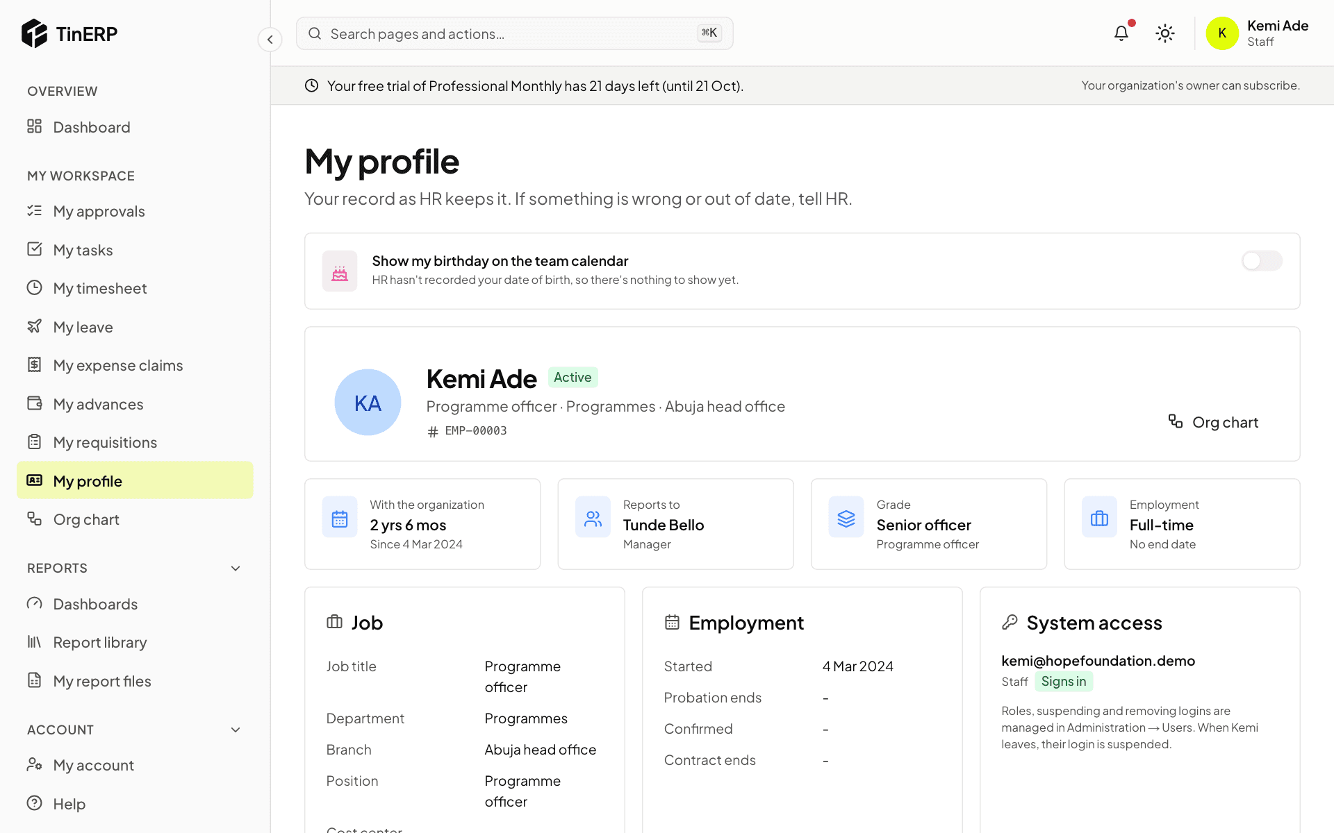 My profile: Kemi's job, reporting line and employment details