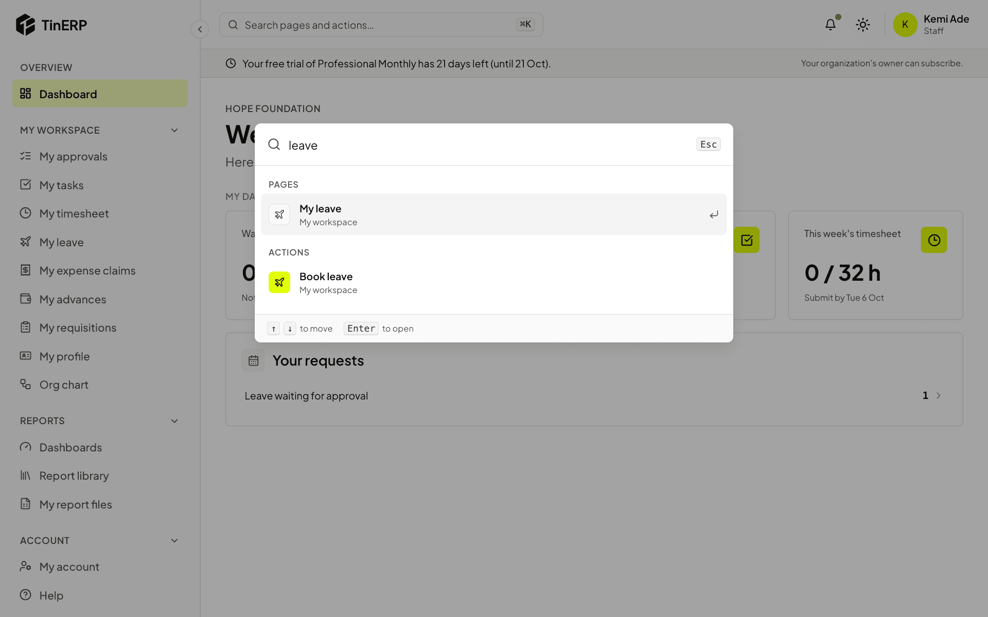 The search window with 'leave' typed, showing My leave and Book leave