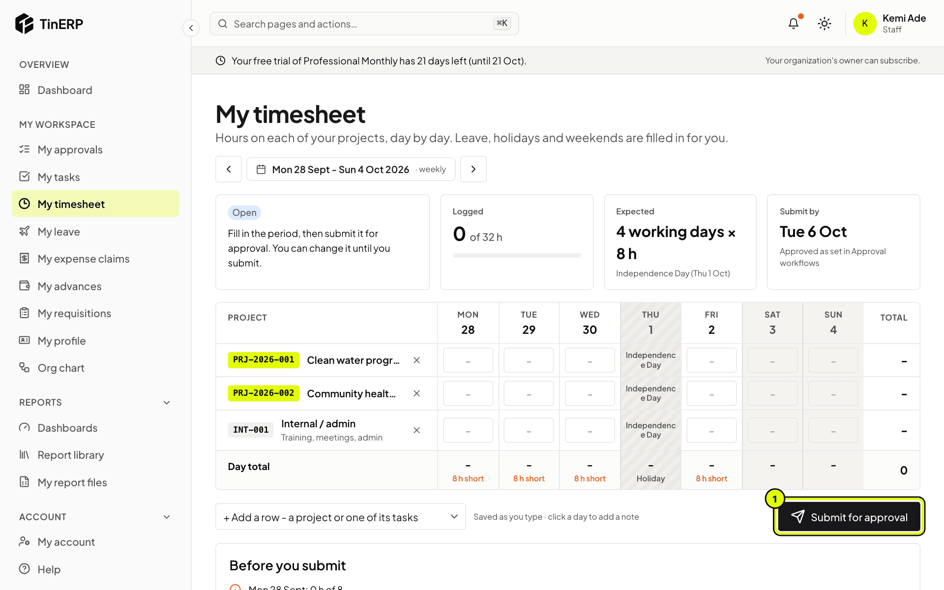 My timesheet for the week, with Independence Day filled in and Submit for approval marked 1