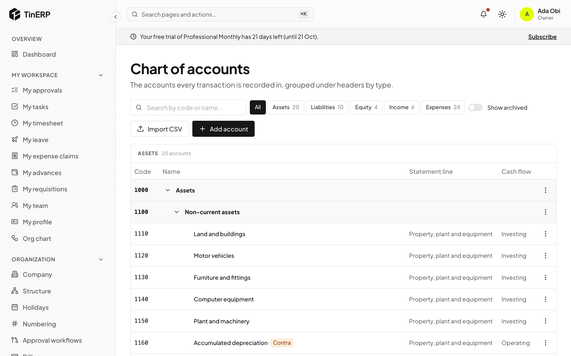 The chart of accounts: assets under headers, with statement lines and cash flow categories