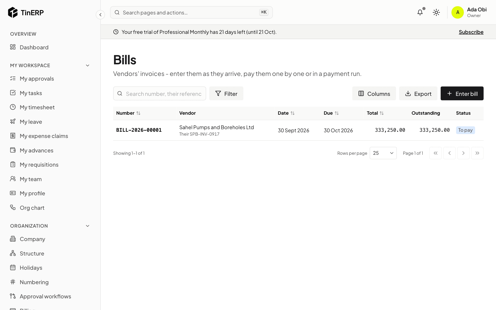 Bills: the pump parts bill that came from Procurement, posted and unpaid