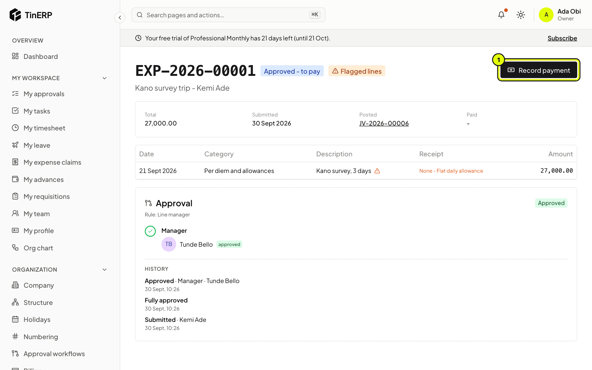 Kemi's claim, approved and waiting to be paid, with Record payment marked 1