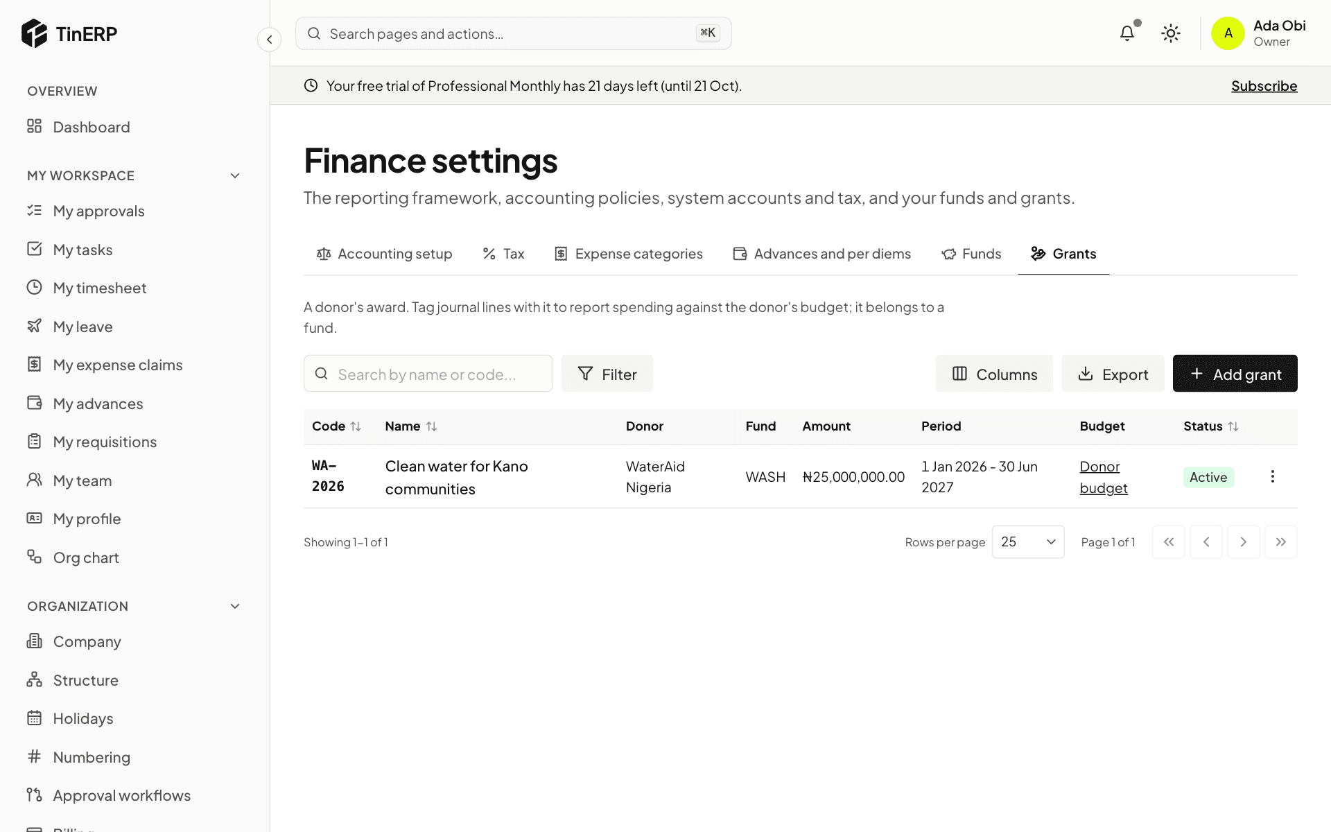 Finance settings → Grants: WA-2026, WaterAid Nigeria, in the WASH fund