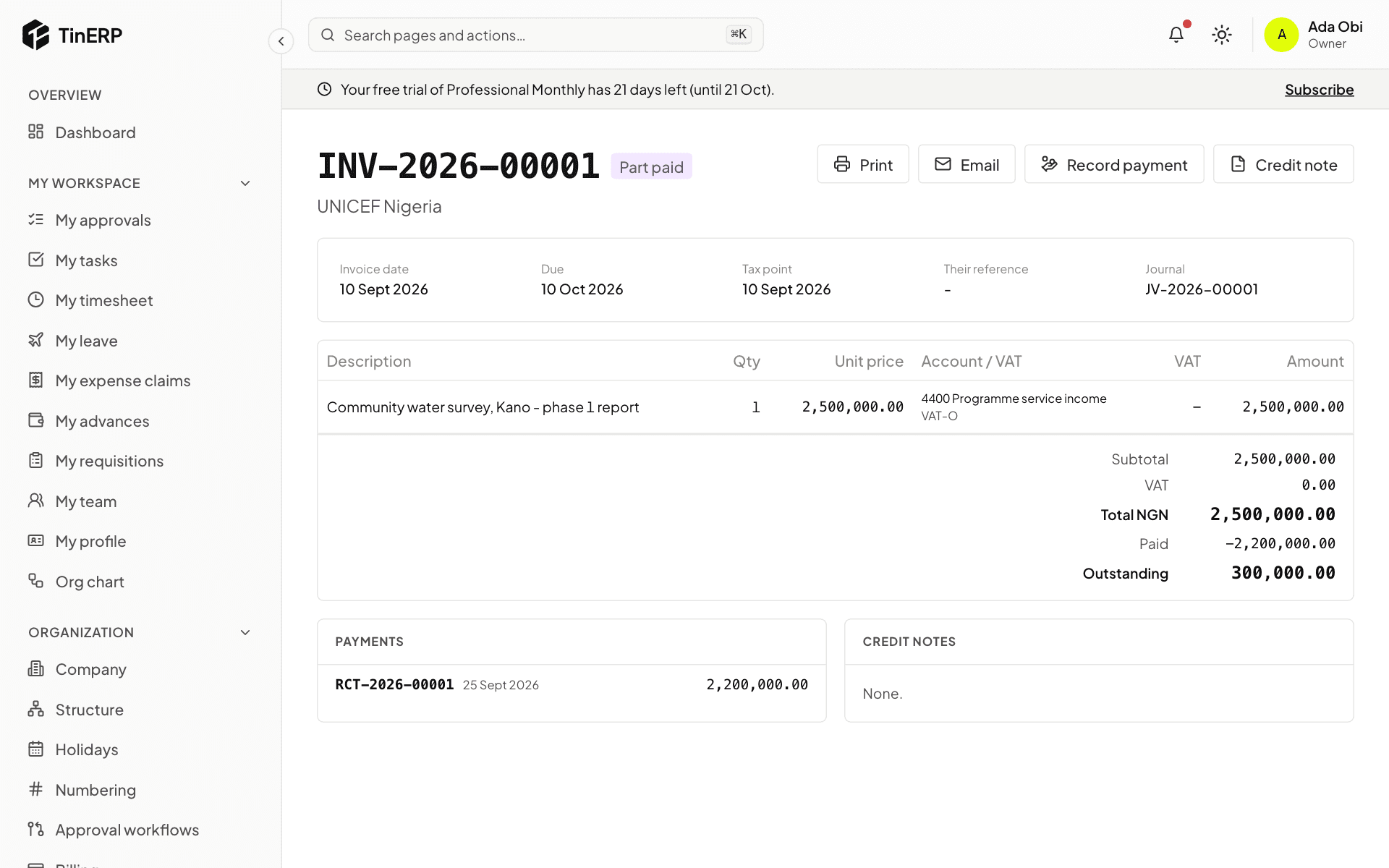 A posted invoice, part paid, with Print, Email, Record payment and Credit note