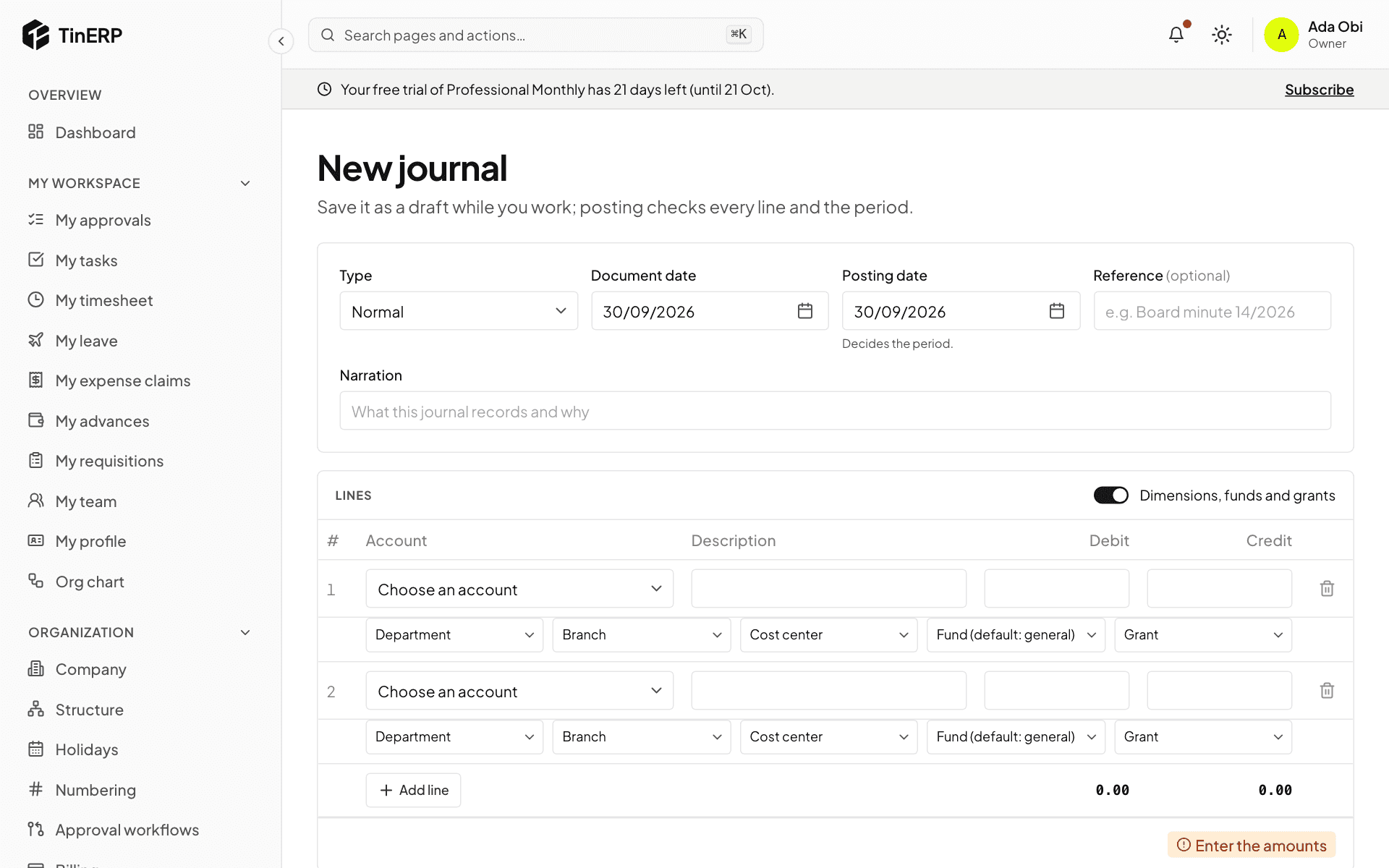 A new journal: type, dates, reference, narration and lines with dimensions