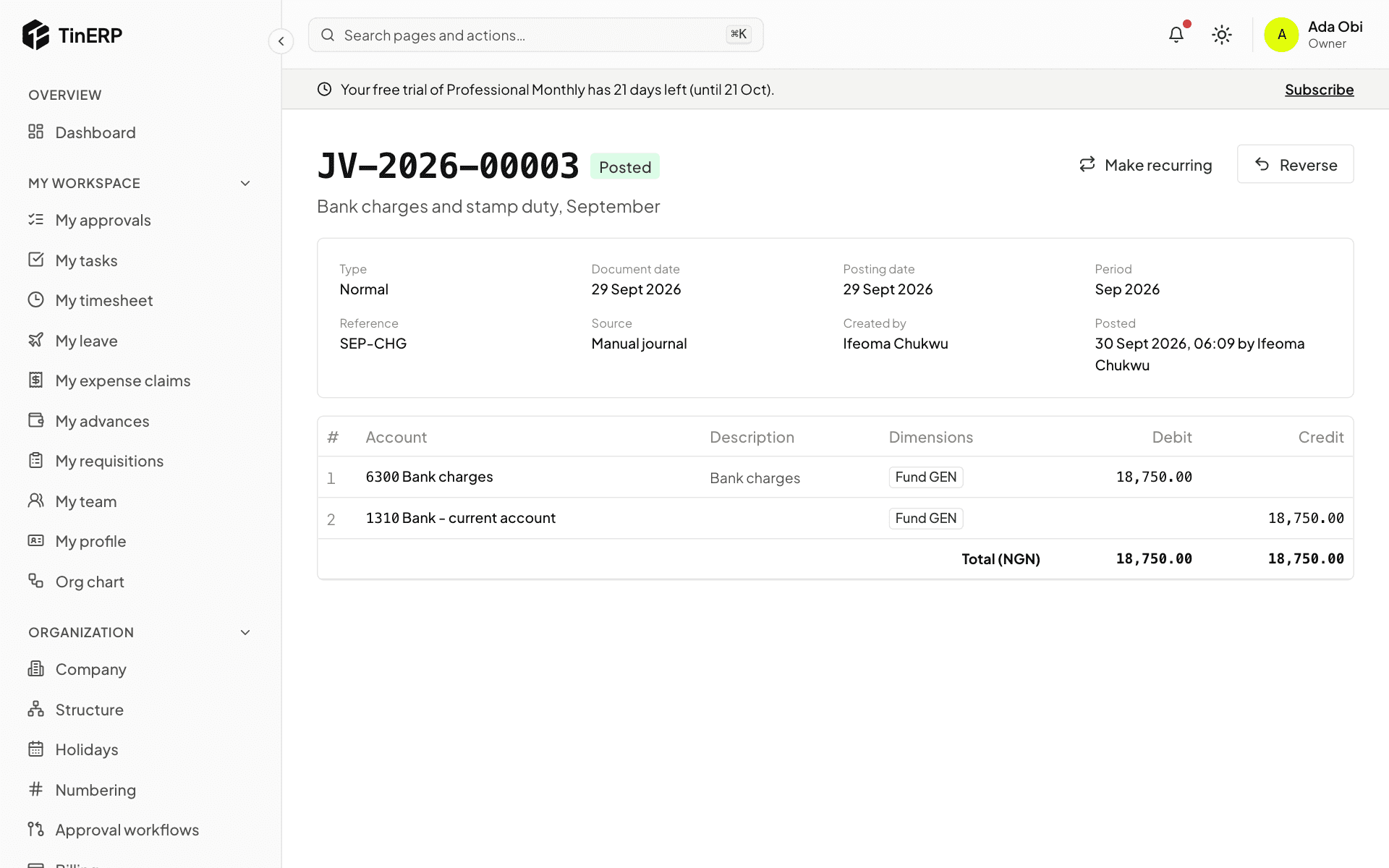 A posted journal with Make recurring and Reverse