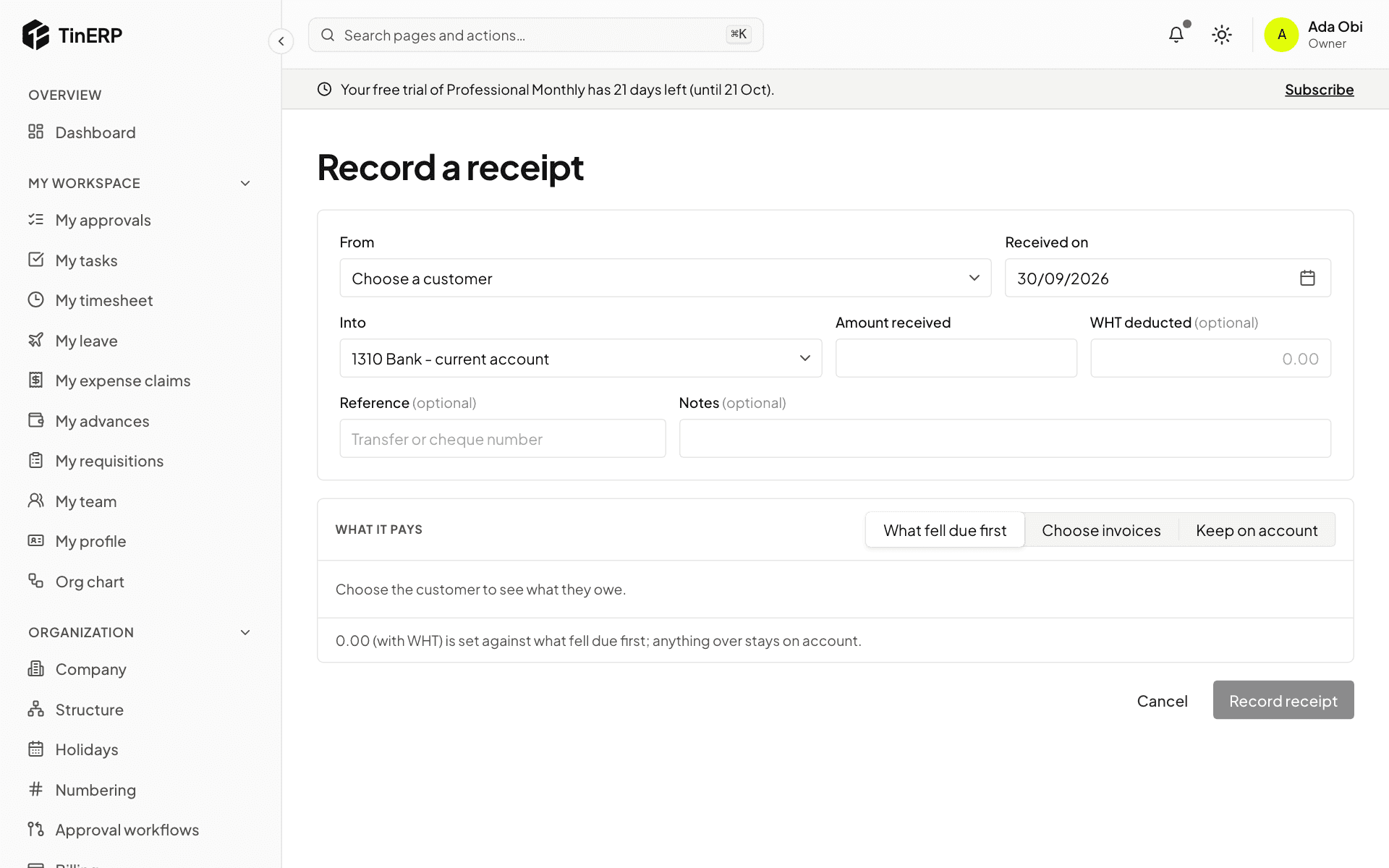 Record a receipt: customer, account, amount, WHT deducted and what it pays