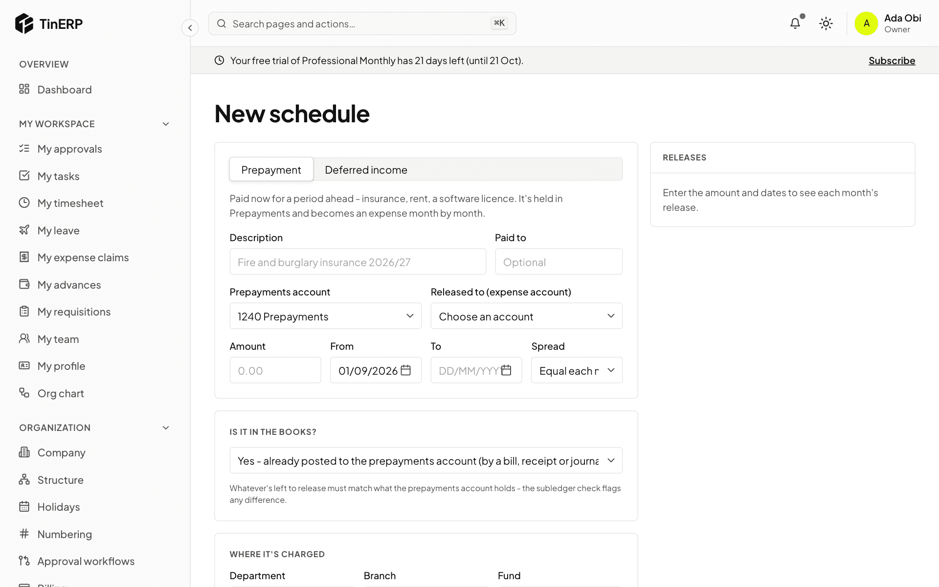 A new prepayment schedule: description, accounts, amount, dates and spread