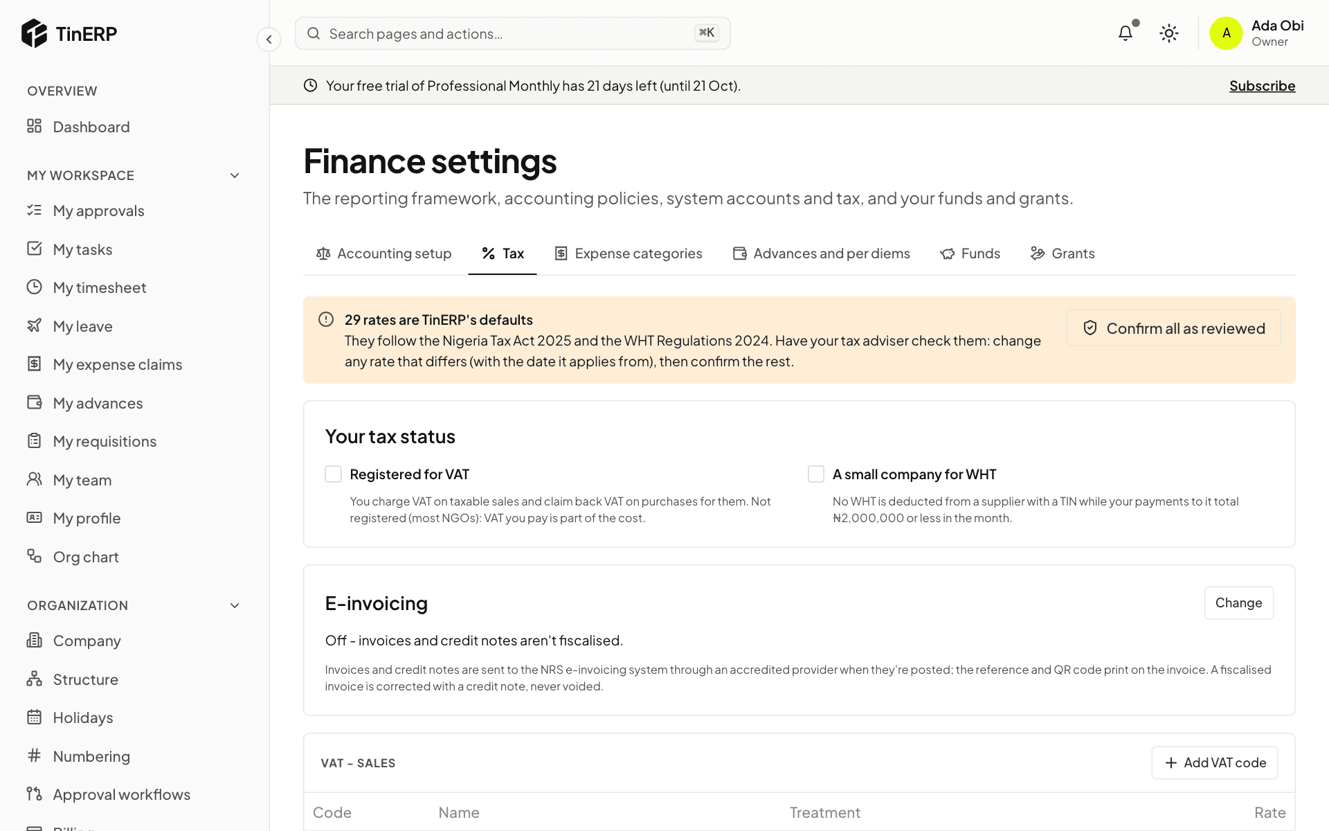Finance settings → Tax: the default rates to review, your tax status and e-invoicing
