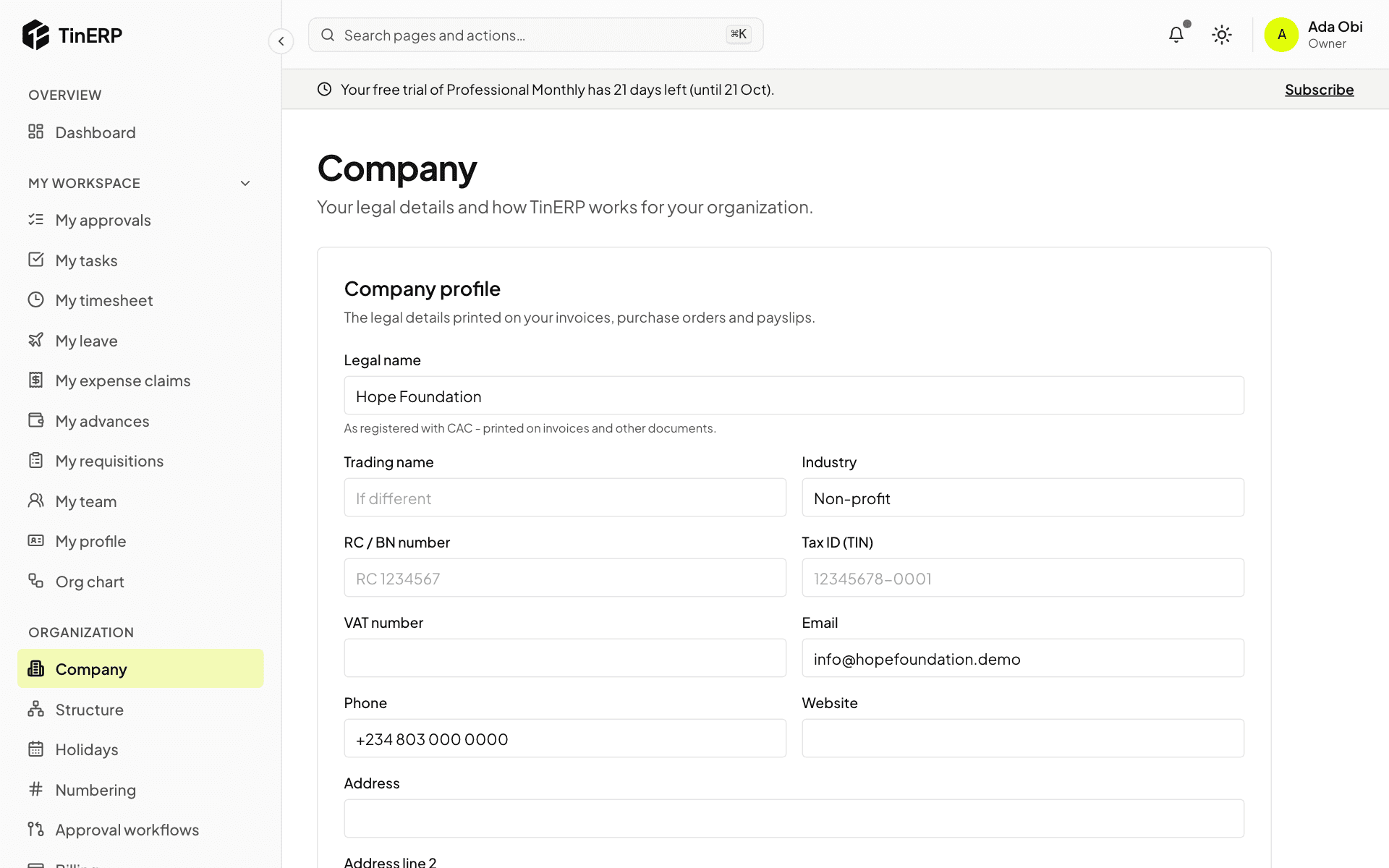 The Company page with the company profile form