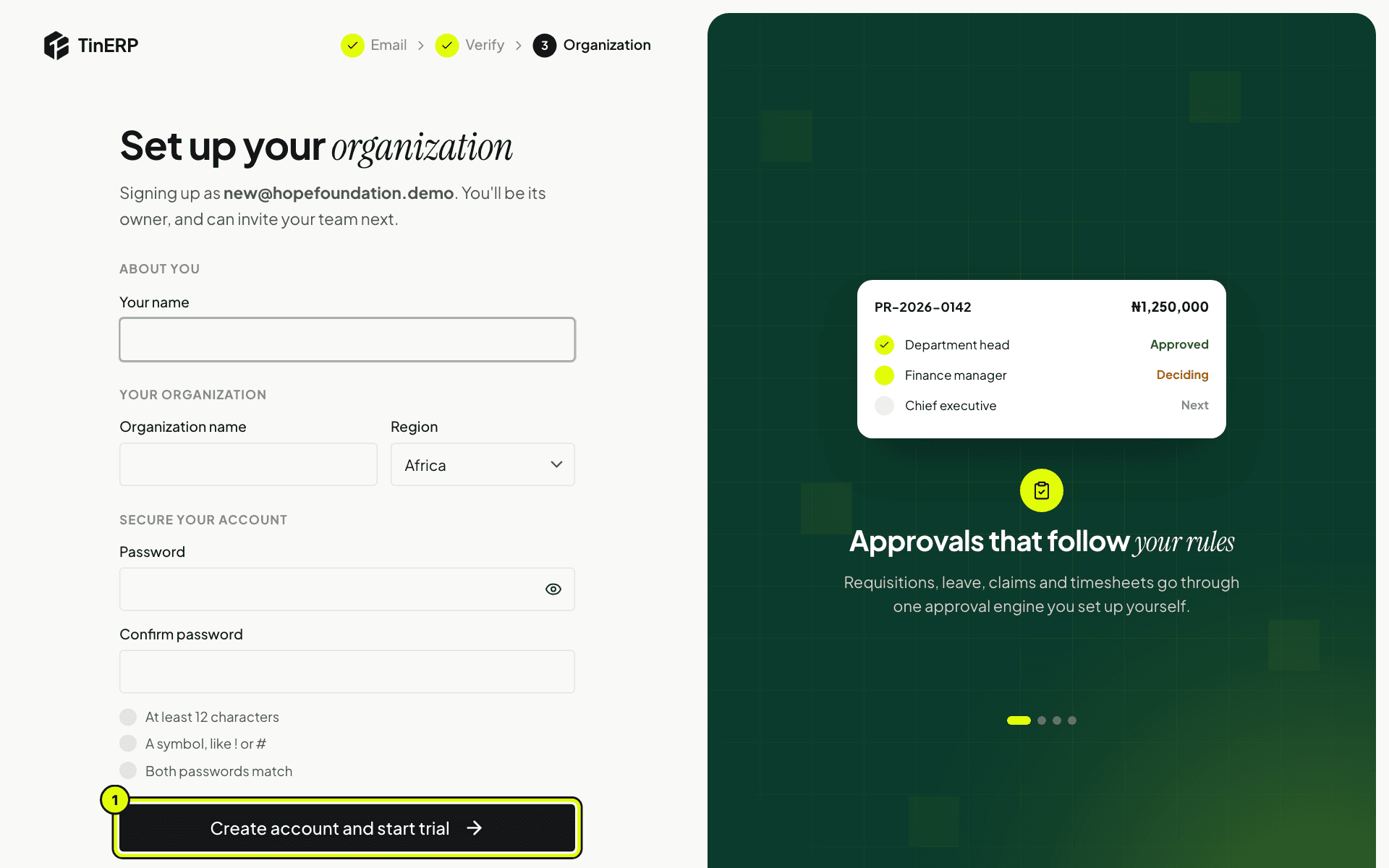 The Set up your organization form, with Create account and start trial marked 1