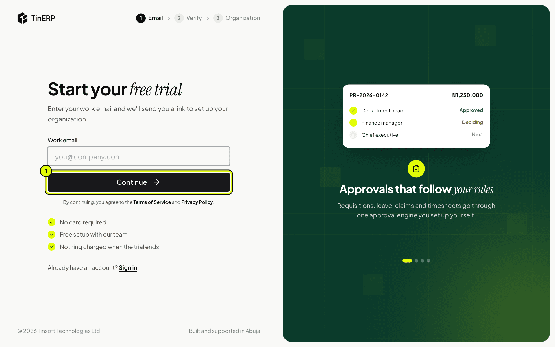 The Start your free trial page, with the work email field and the Continue button marked 1