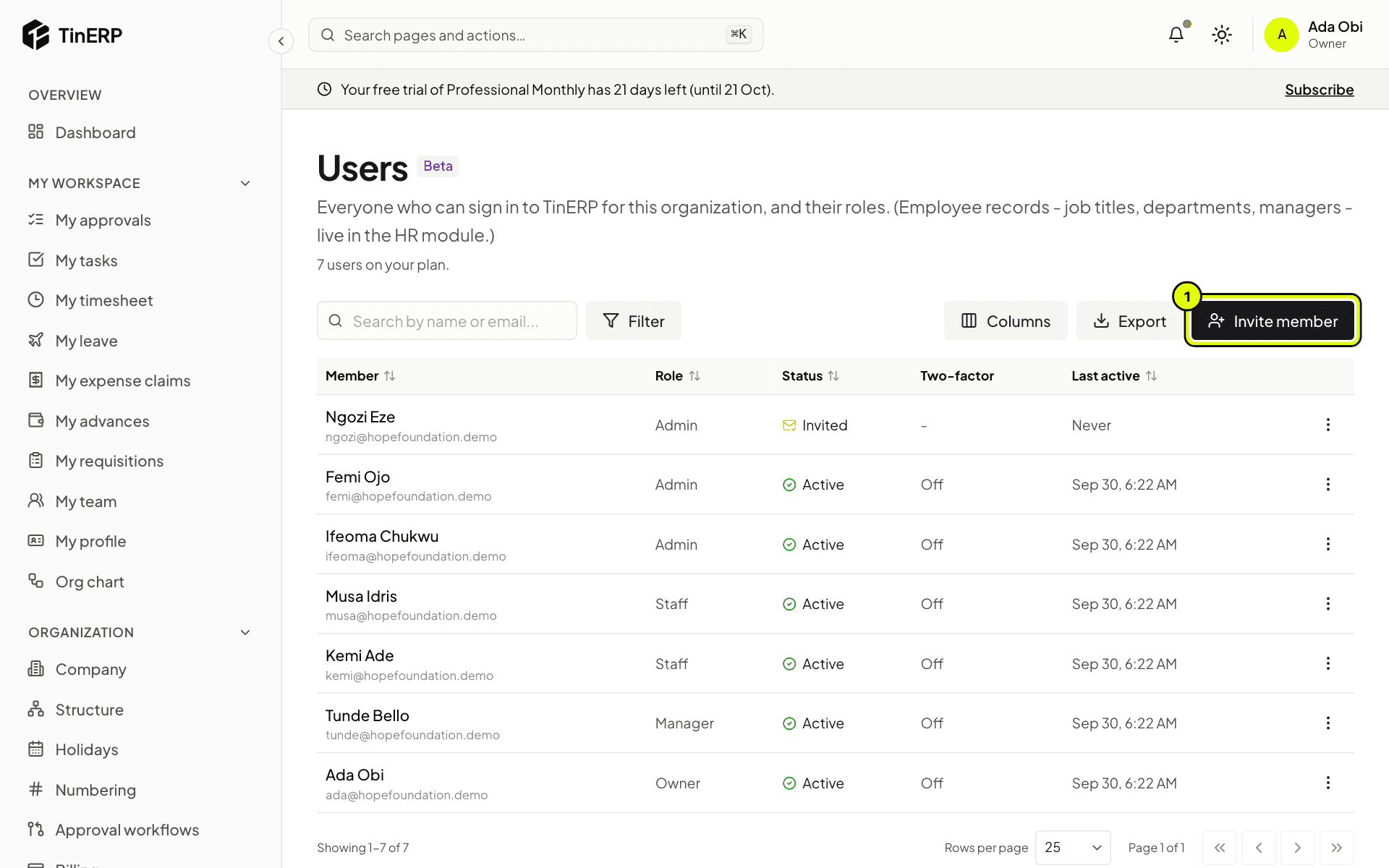 The Users page with the Invite member button marked 1