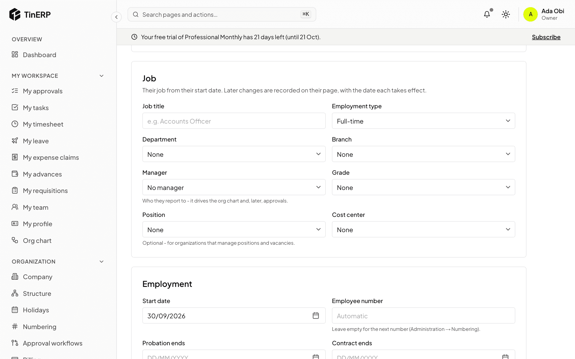The Job and Employment sections of the Add an employee form