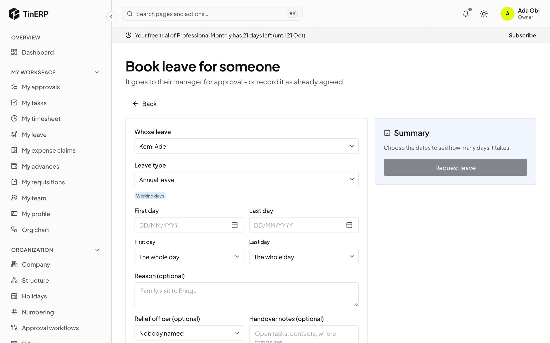 The Book leave form for someone else, with Whose leave and Record as already approved