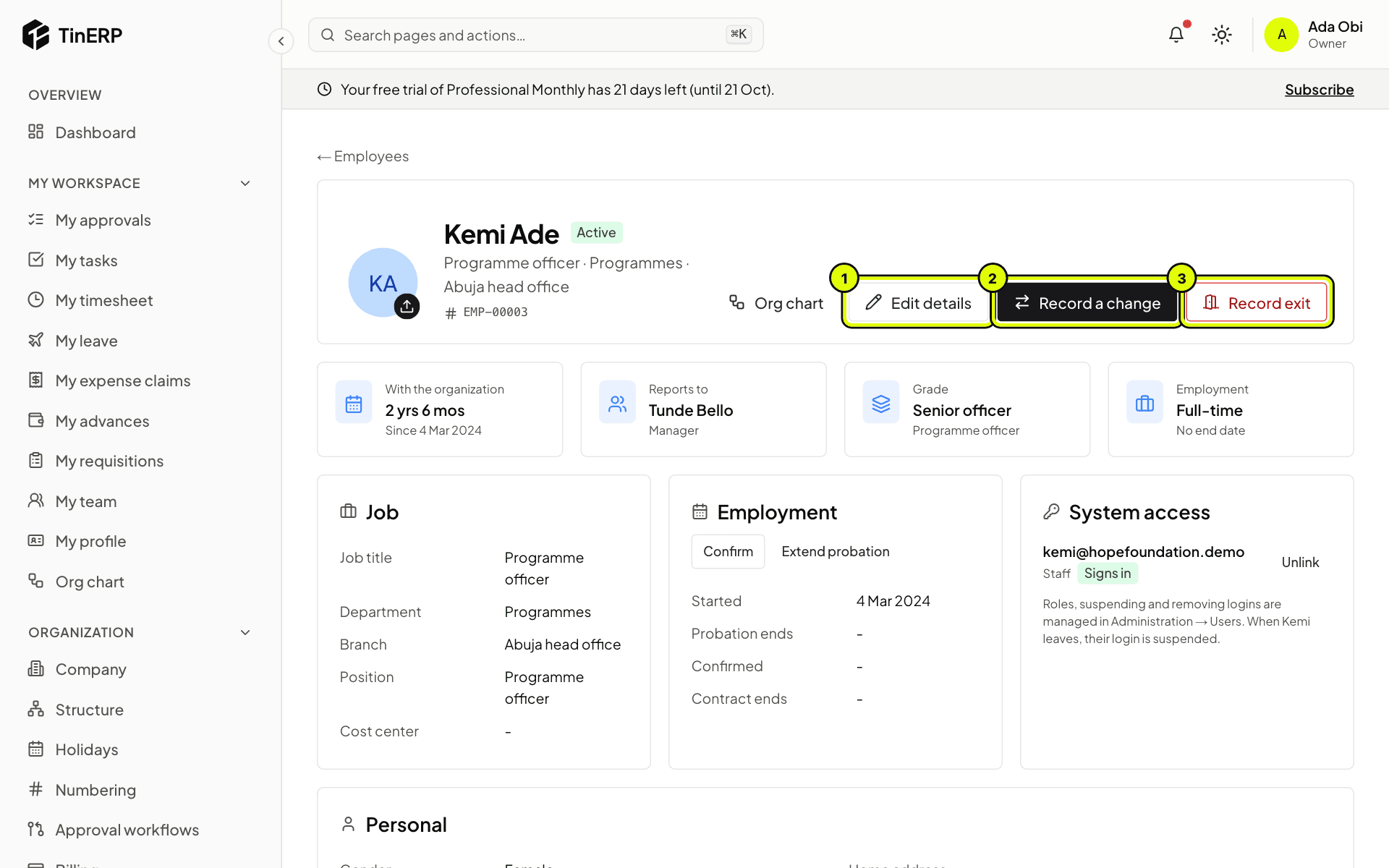 Kemi's employee page, with Edit details, Record a change and Record exit marked 1 to 3