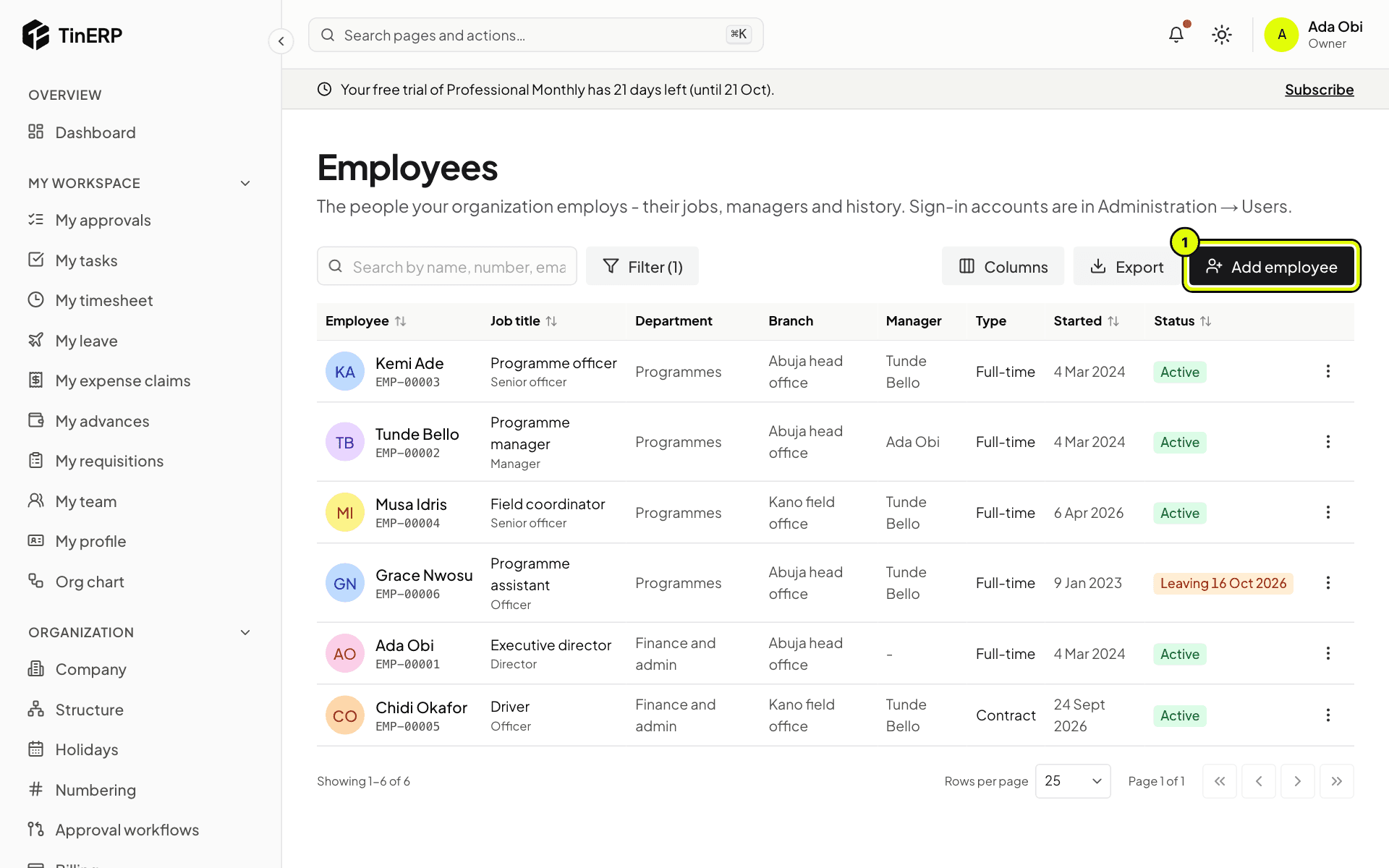 HR → Employees: everyone's job title, department, branch, manager, type, start date and status