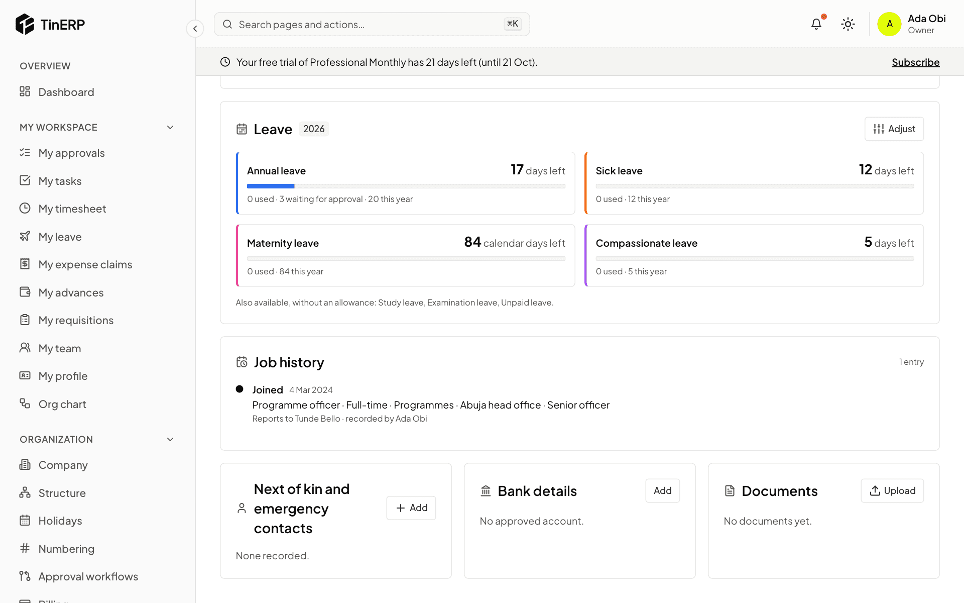 Next of kin and emergency contacts, Bank details and Documents on an employee's page