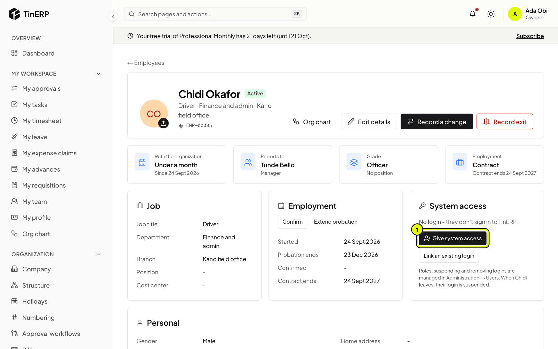 Chidi's page: no login yet, with Give system access marked 1