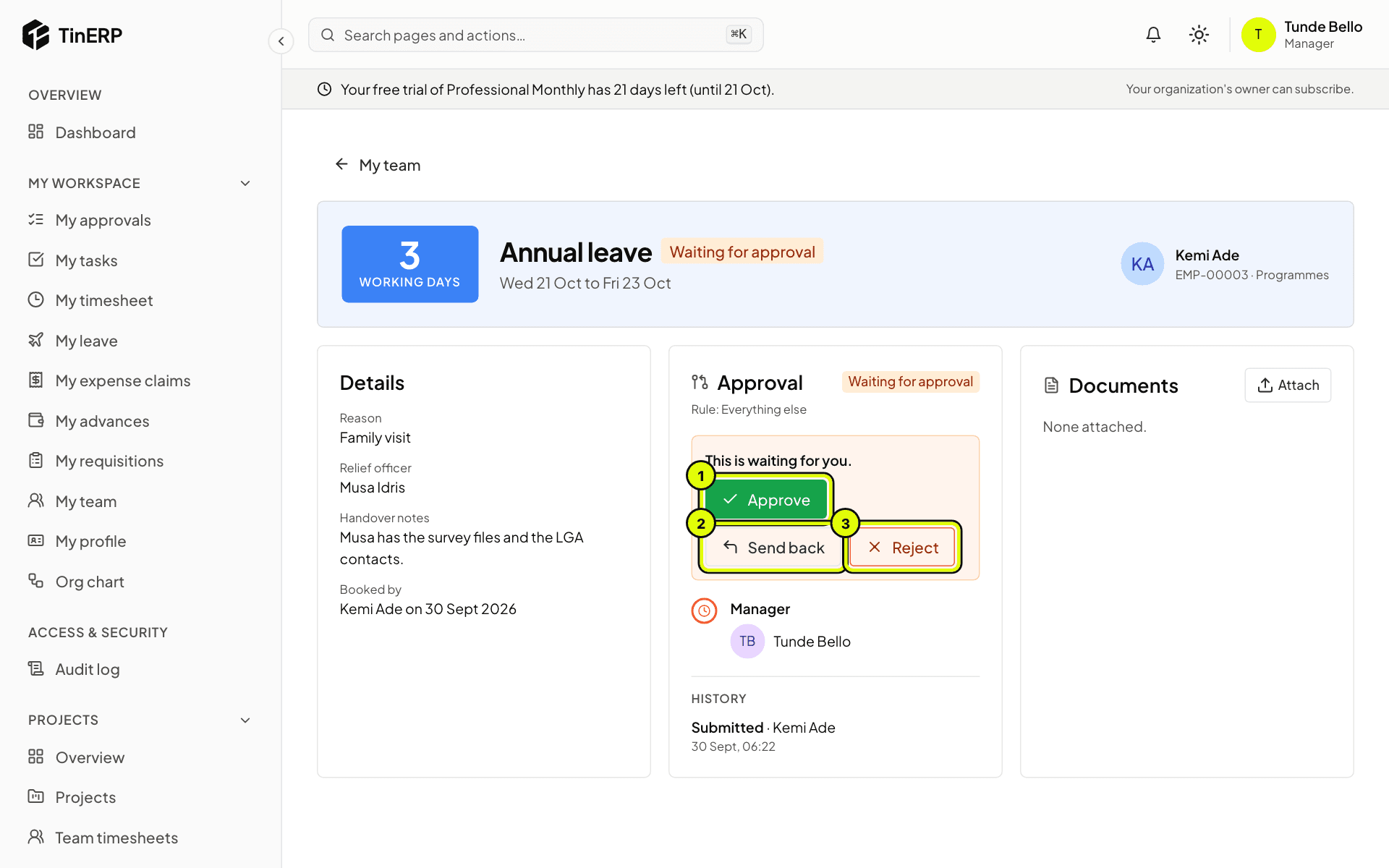 Kemi's leave request with the Approve, Send back and Reject buttons marked 1 to 3