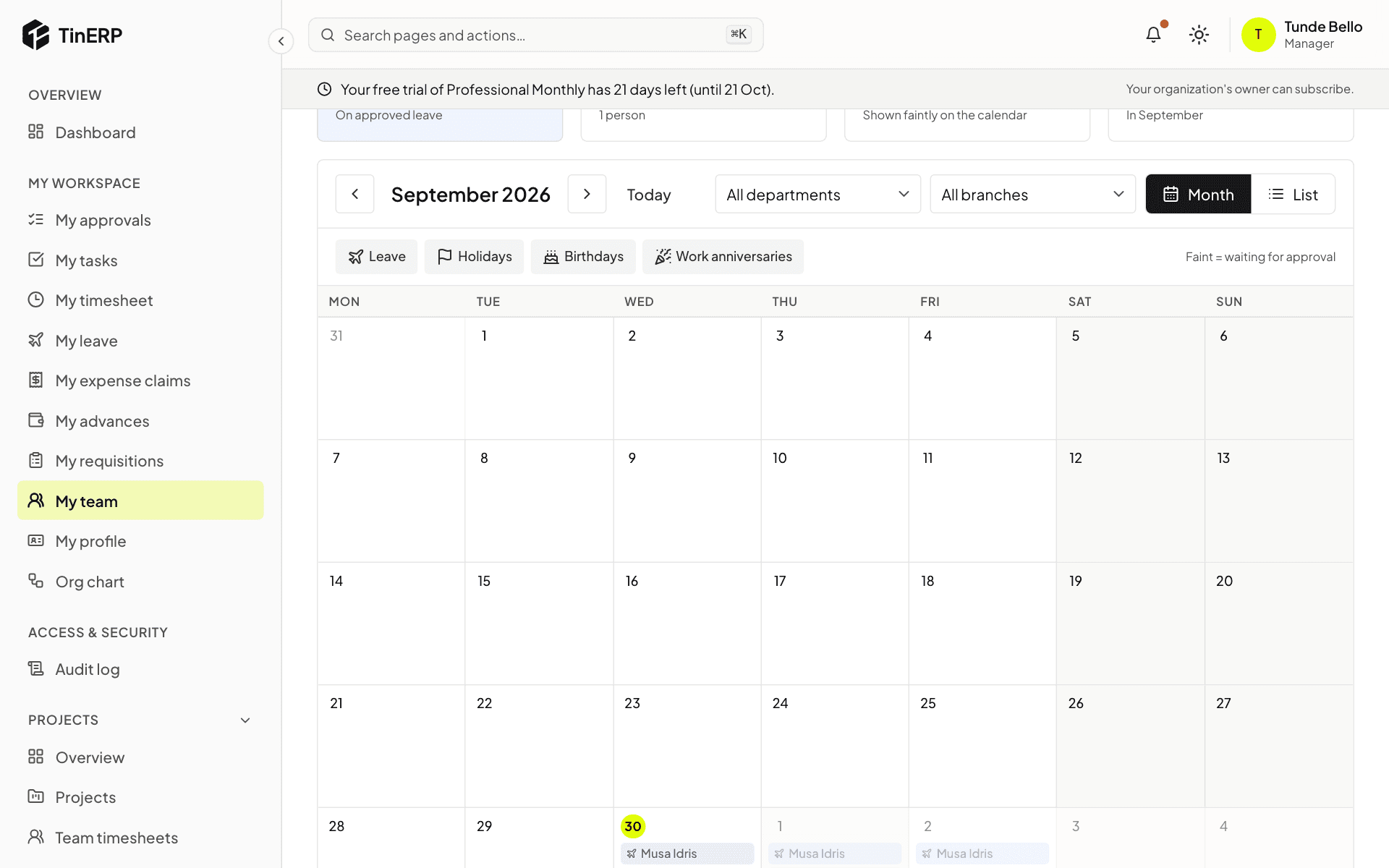 The team calendar for the month, with leave, holidays and the event types at the top