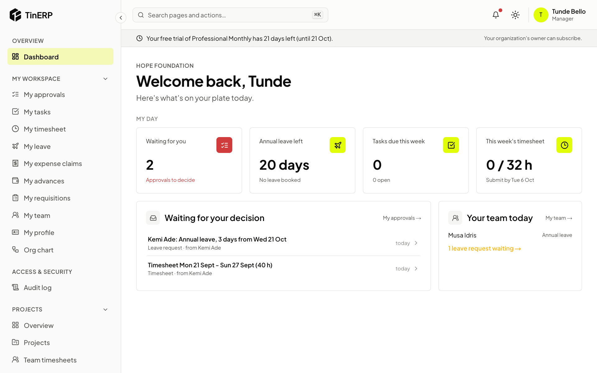 Tunde's dashboard: Your team today, with Musa on leave and Kemi's request waiting