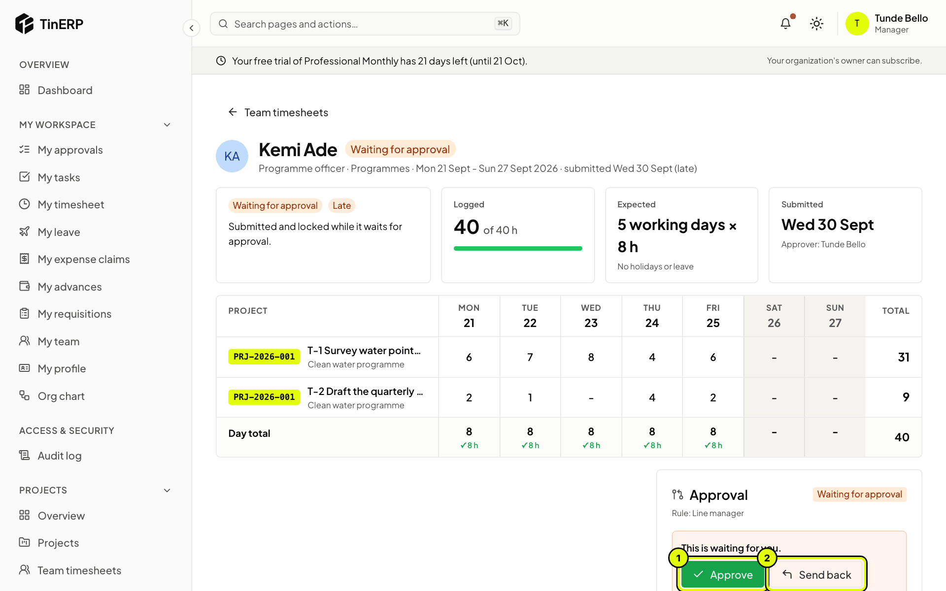 Kemi's timesheet with 40 of 40 hours and the Approve and Send back buttons marked 1 and 2