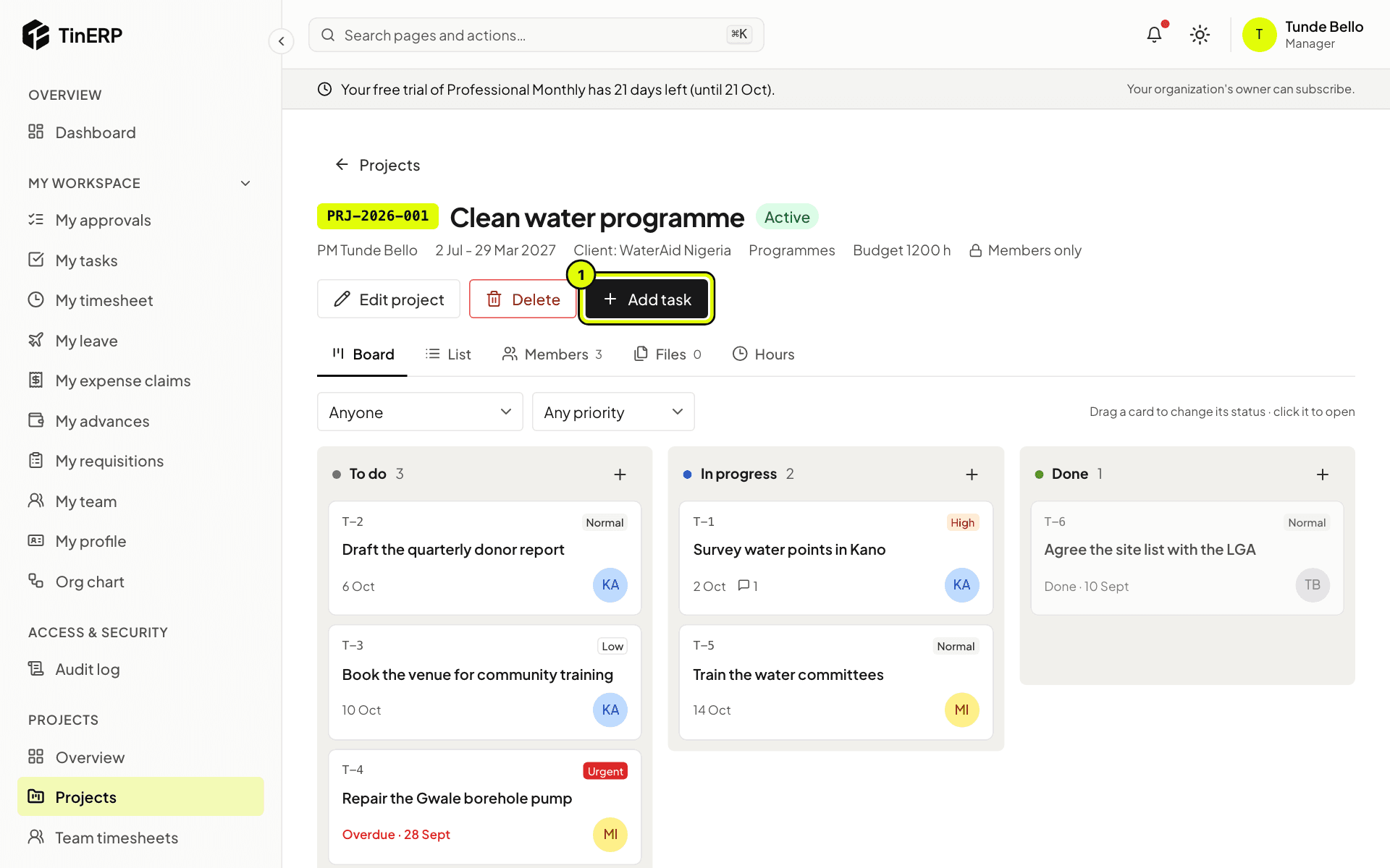 The Clean water programme's board with tasks in To do, In progress and Done, and Add task marked 1
