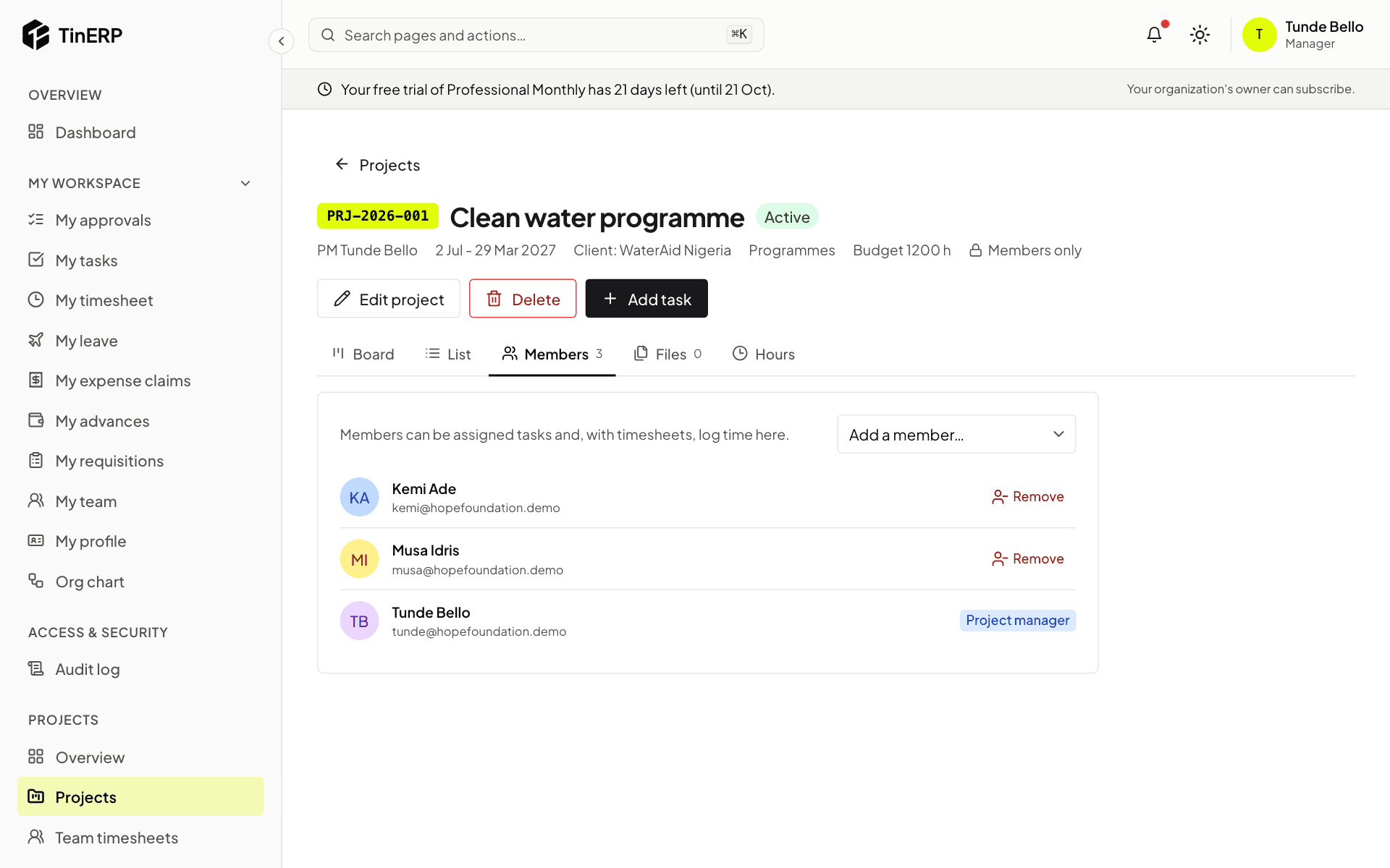The Members tab of the Clean water programme