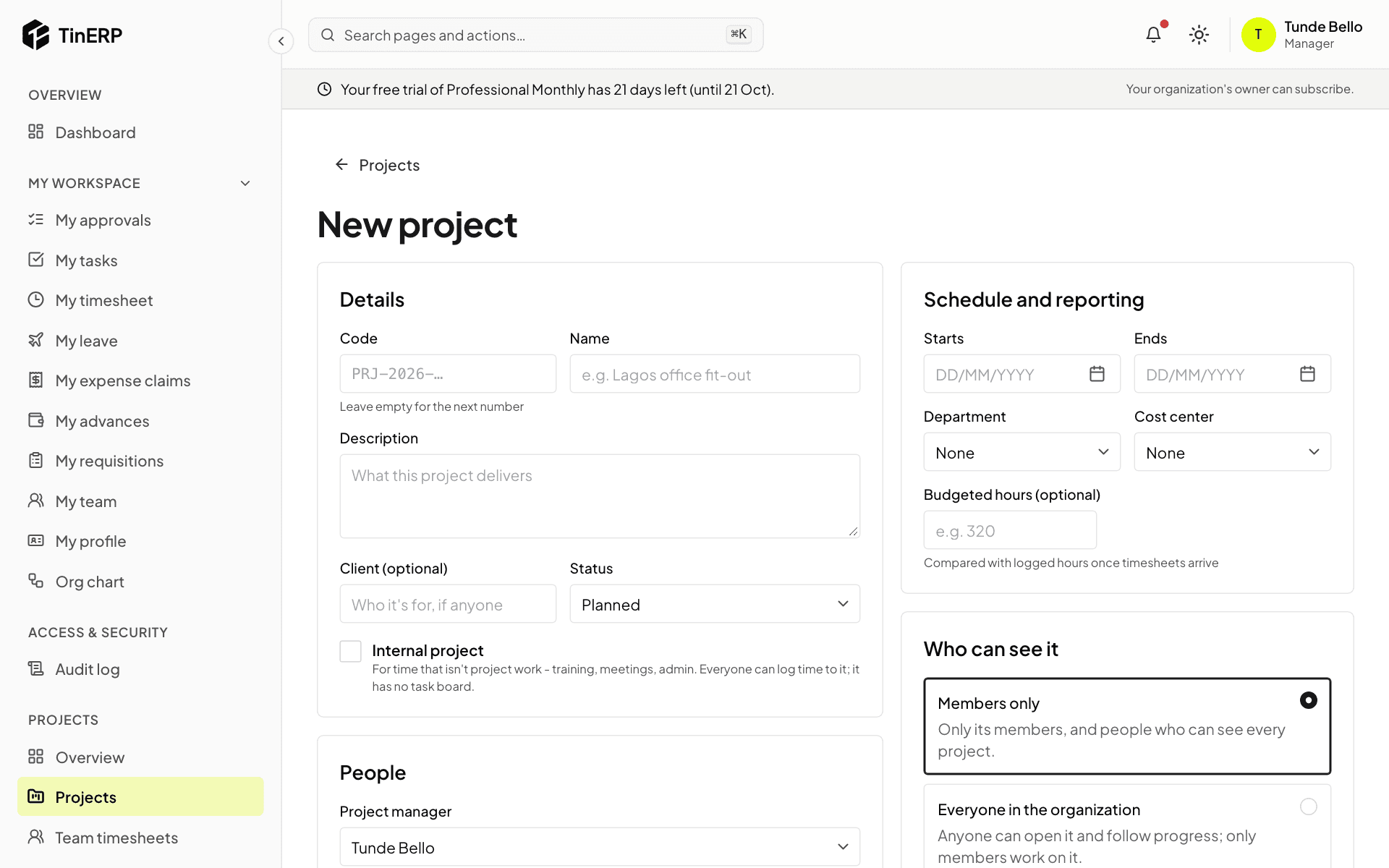 The New project form: details, schedule and reporting, people, and who can see it