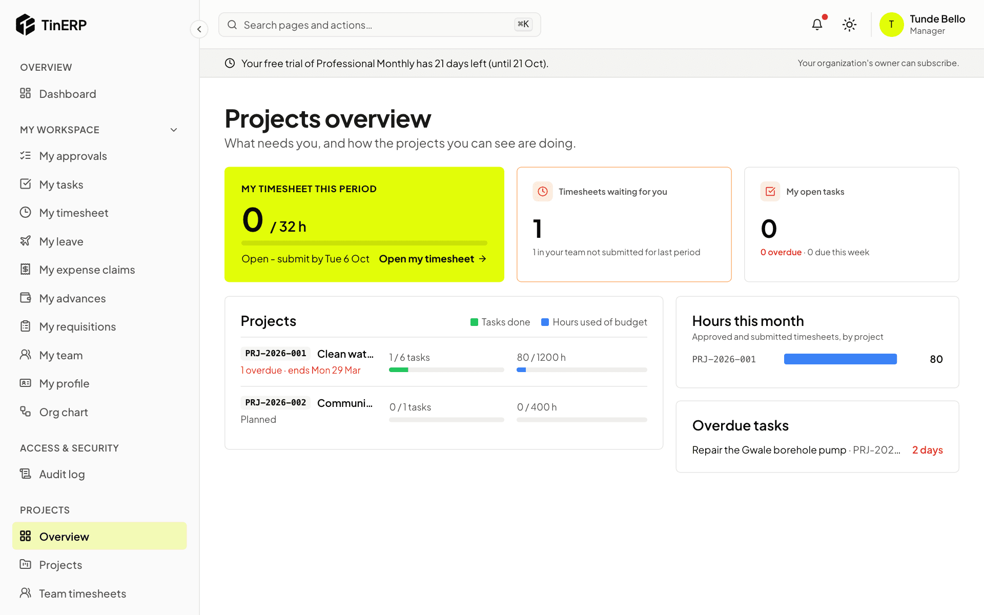 The Projects overview: my timesheet, timesheets waiting, projects with tasks done and hours used of budget