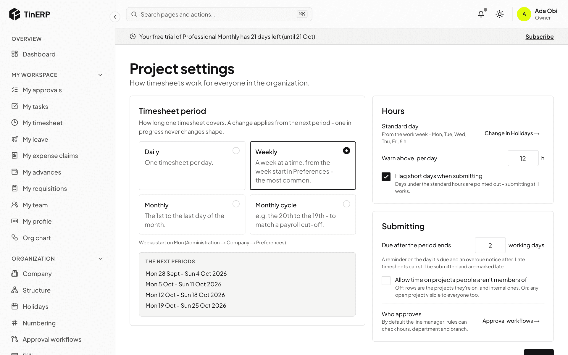 Project settings: the timesheet period, hours and submitting