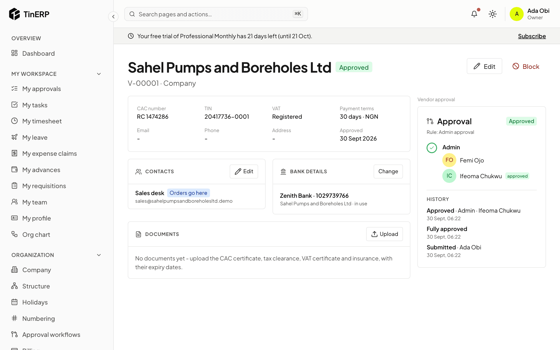 An approved vendor: details, contacts, bank details, documents and the approval