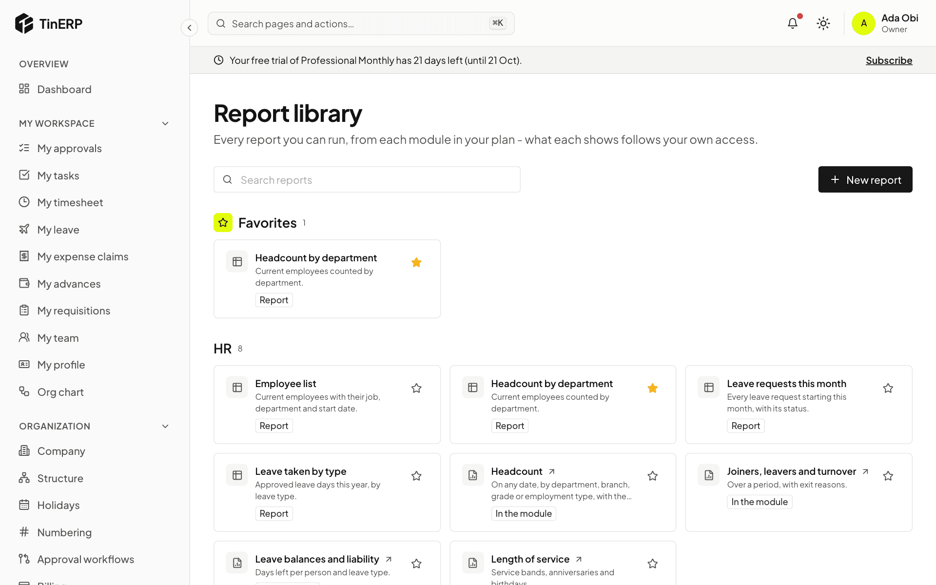The report library: a favorite at the top, then HR's reports