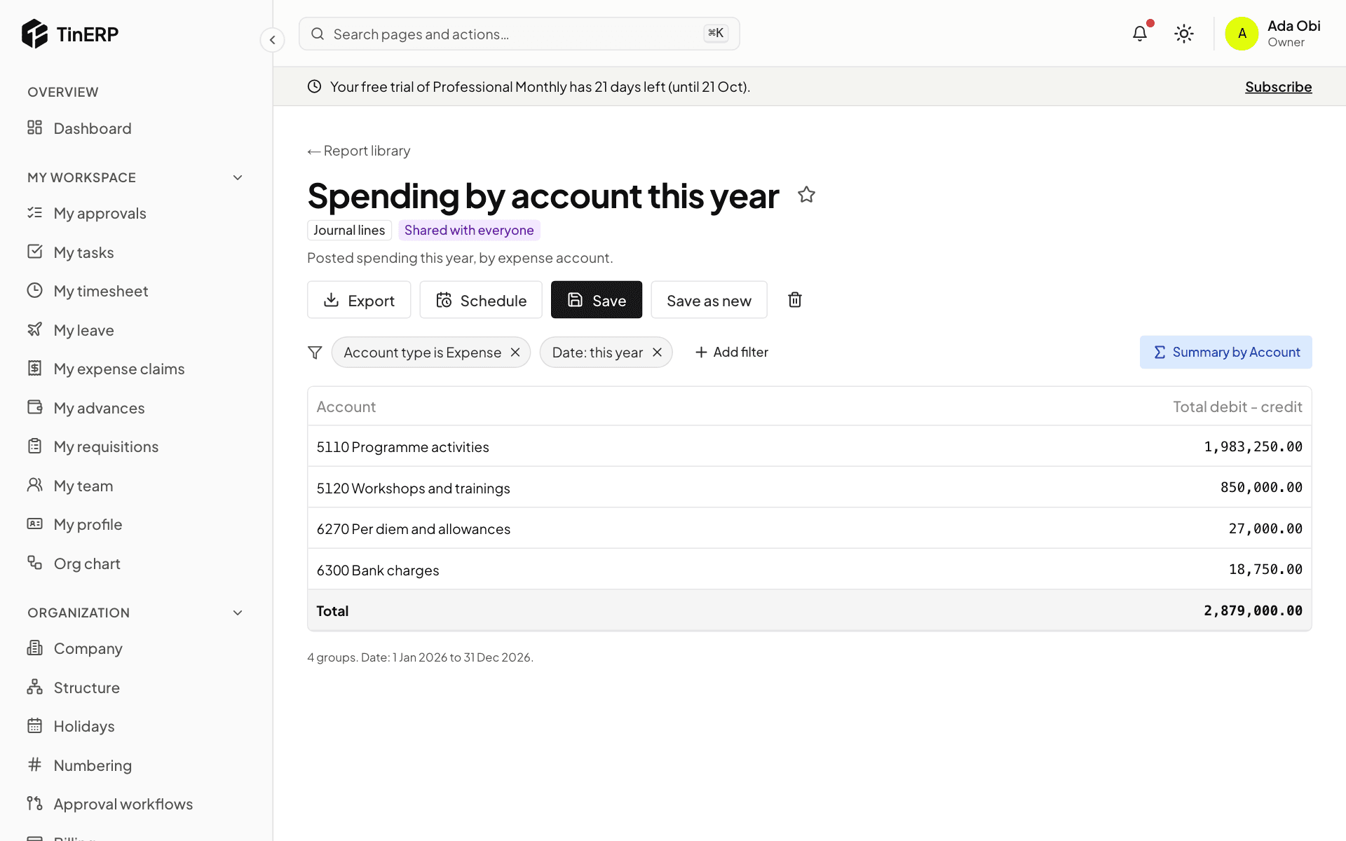 A saved view of spending by account, summarized by account, shared with everyone