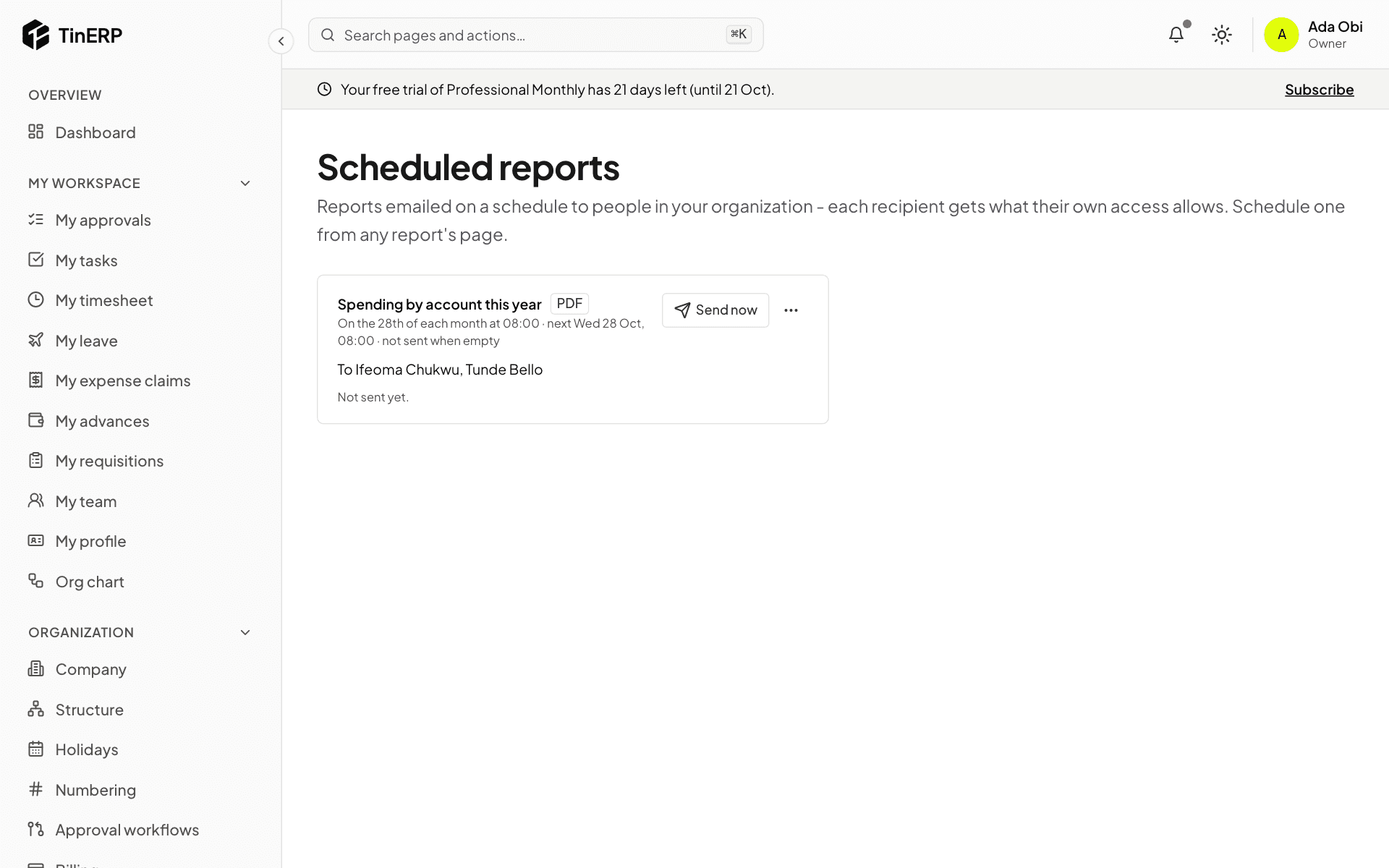 Scheduled reports: a monthly PDF to two people, with Send now