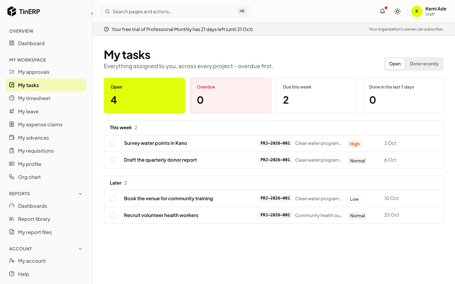 My tasks: open, overdue and due this week, with tasks grouped by week