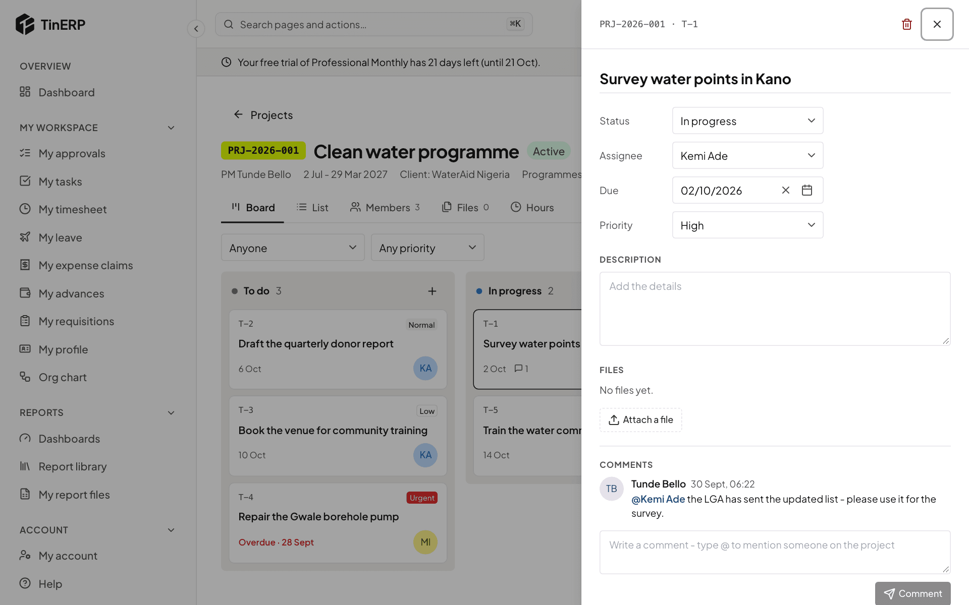 A task open in its panel: status, assignee, due date, priority, files and comments