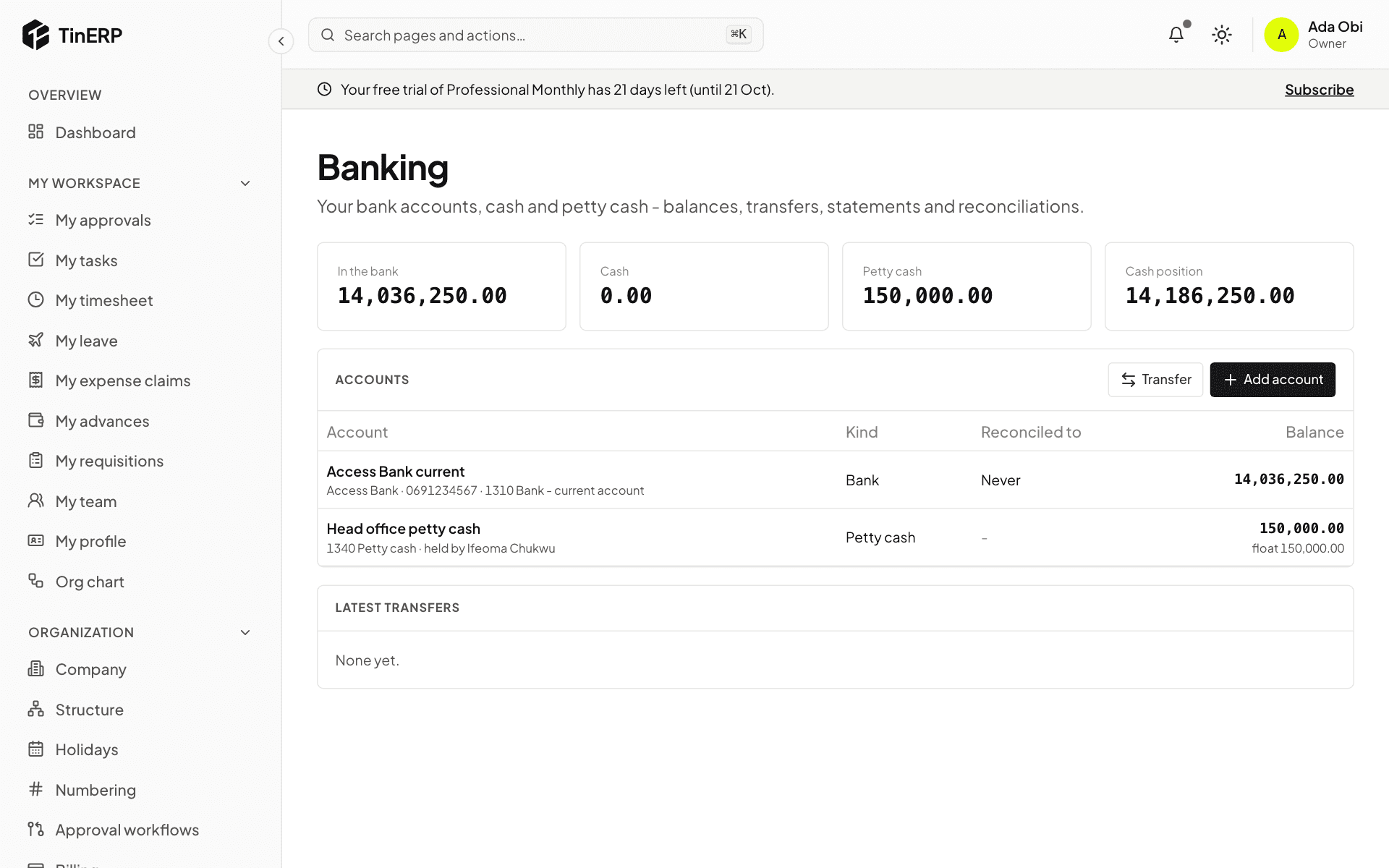 Banking: the cash position, the bank and petty cash accounts, and Transfer