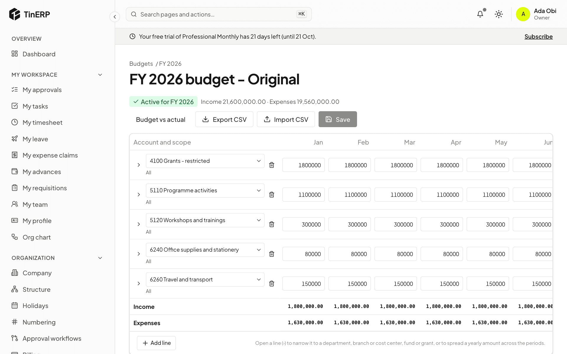 The FY 2026 budget grid: grant income, programme activities, trainings, office supplies and travel