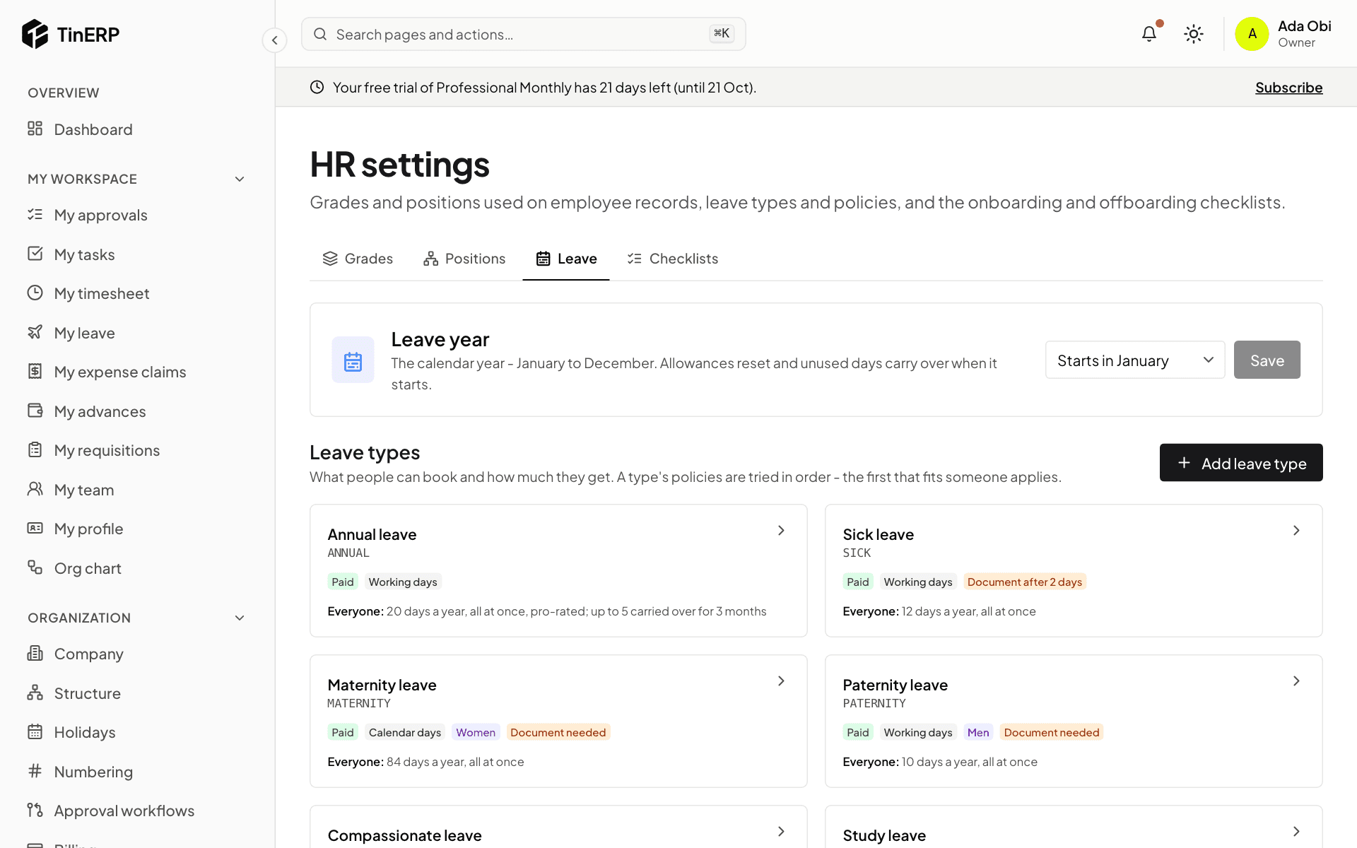 HR settings → Leave: the leave year and the leave types as cards