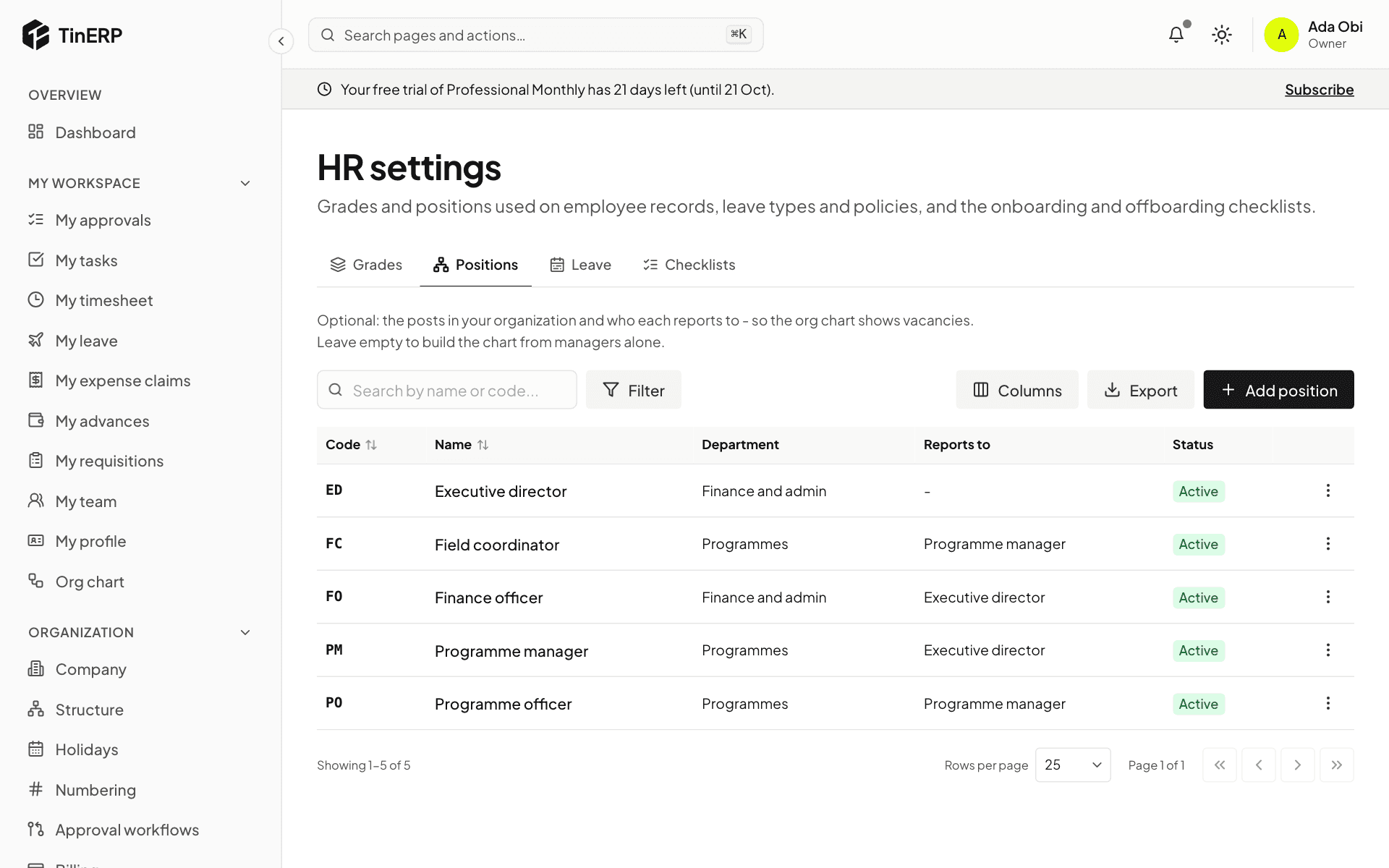 HR settings → Positions: each post with its department and the post it reports to
